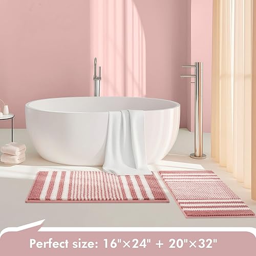 Miniatura 6 de Juego de alfombras de baño Tindbea 2 piezas, extra suave y absorbente, felpudo de baño de chenilla a rayas esponjosas, antideslizante, lavable a