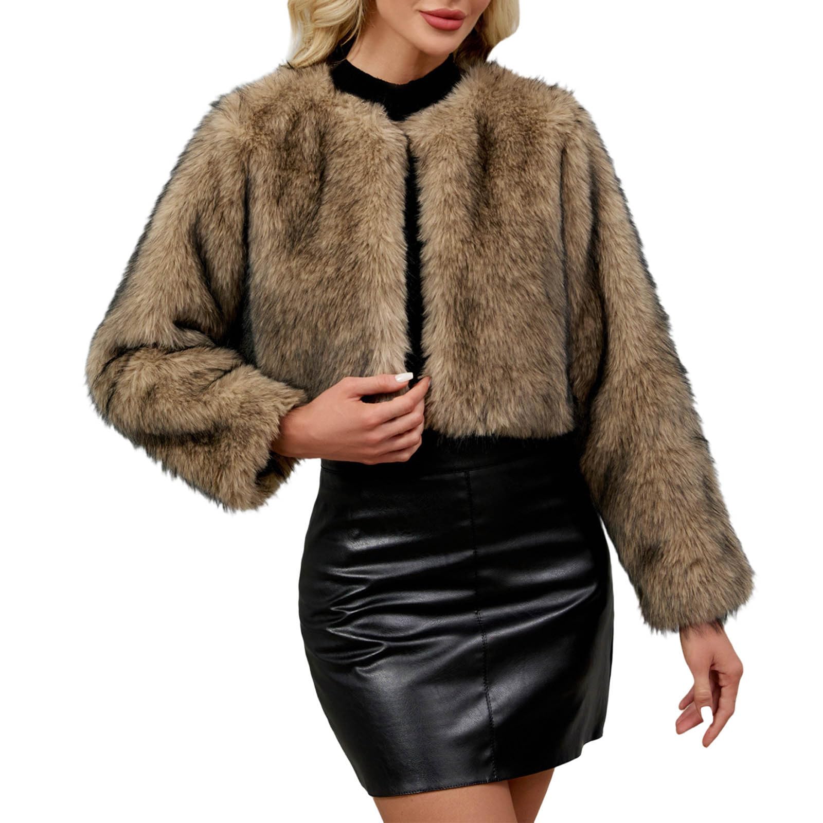 Chaqueta de Piel Sintética,Abrigo Corto Esponjoso para Mujer Ropa de Abrigo Elegante y de Lujo Elegante Cardigan de Manga Larga Cálido Cazadora de Moda para Salir Cómoda Chaqueta Mullido de Invierno