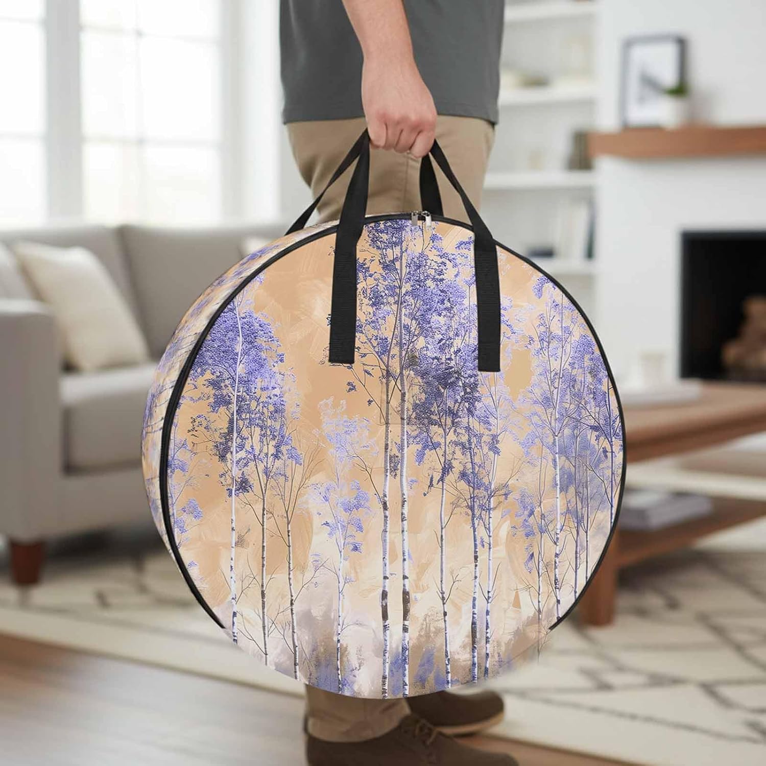 Storage Bag Purple Forest Round Storage Totes Bins Closet Organizers with Zippers & Handle Plant Oil Painting Brown Clothes Storage Container for Bedroom Dorm Space Saving Packing Supplies Moving Bags
