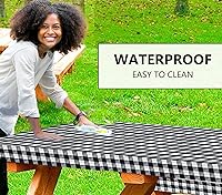 Vista 4 de LINPRO Funda de mesa de picnic de 6 pies con fundas de banco, fundas de mesa de picnic ajustadas con elástico impermeable, a cuadros, mantel