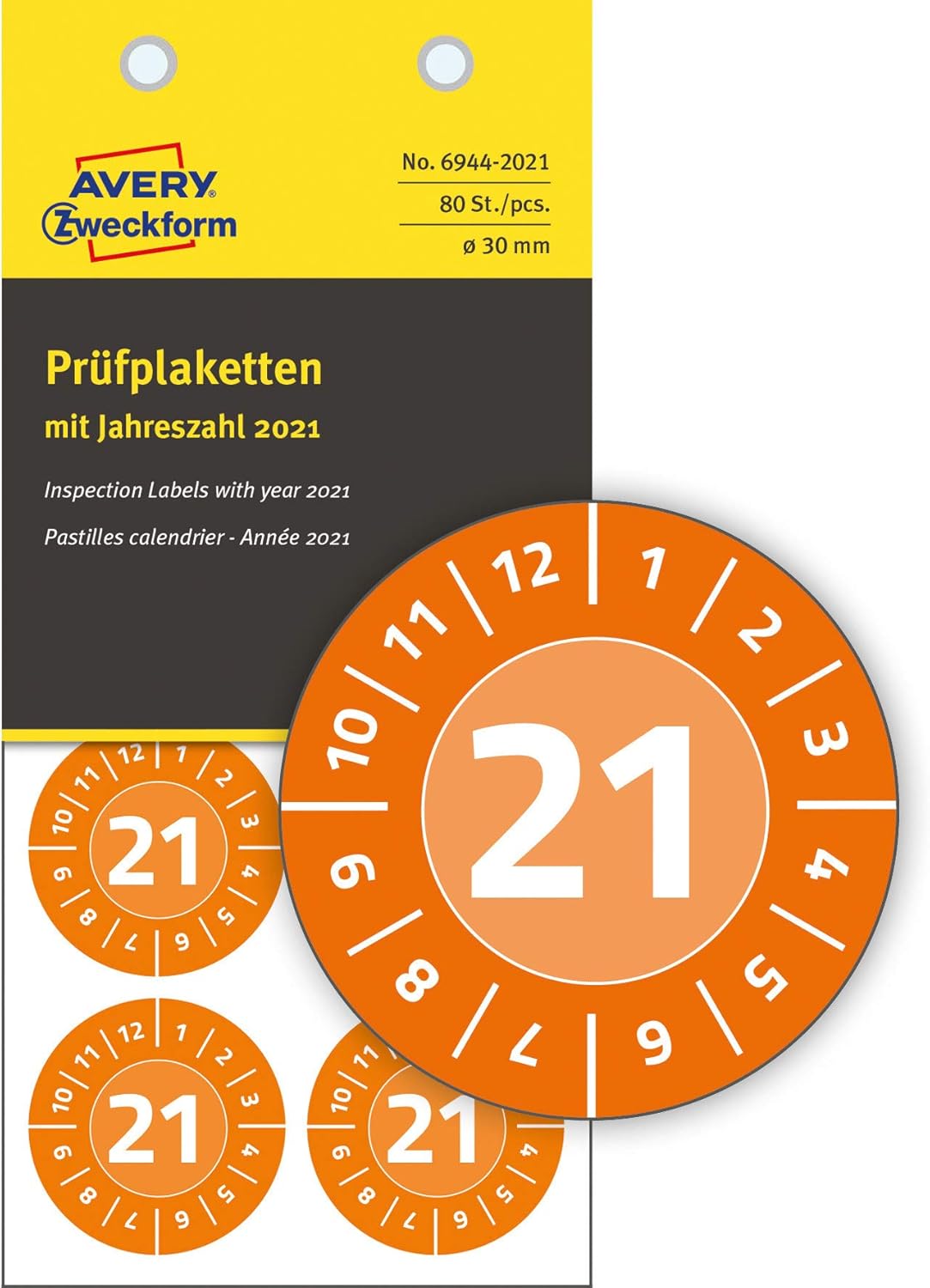 AVERY Zweckform 6944-2021 Resistant Year Test Badges 2021 (Strong Self-Adhesive, Small Size, Diameter 30 mm, 80 Stickers on 10 Sheets) Orange