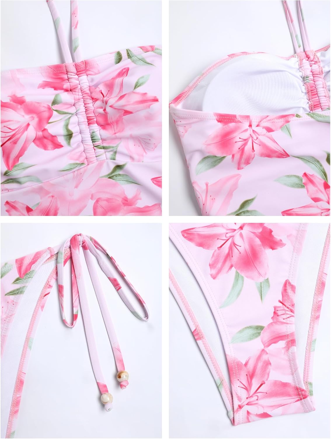 ZAFUL Floral Halter Bandeau Tankini Set Two Piece Tie Side Ruched Tube Bikini Set Swimsuit Bathing Suit - Image 4