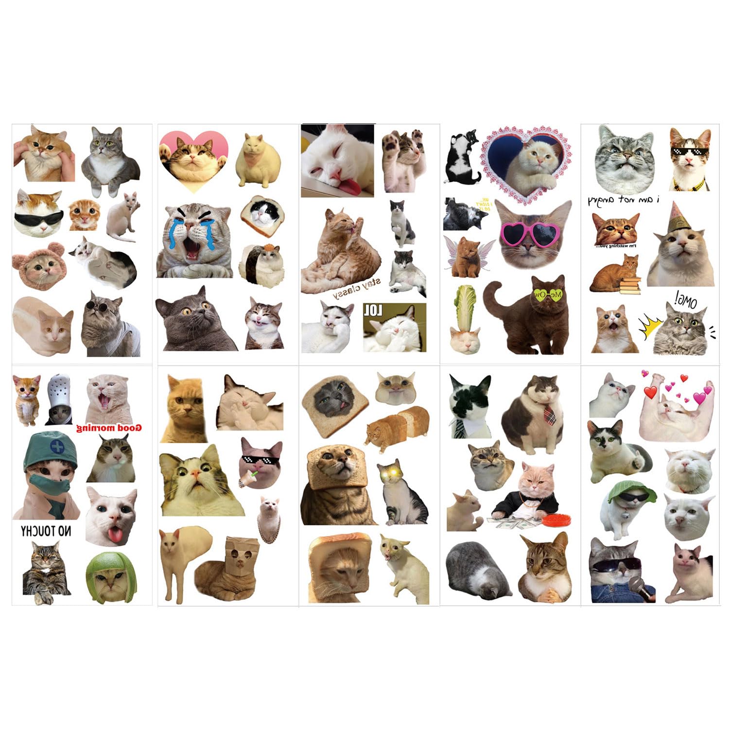 10 Sheets Cat Tattoos,Cute Funny Cat Meme Temporary Tattoo,Waterproof Animal Fake Tattoo Stickers,Kitty Birthday Decoratio...