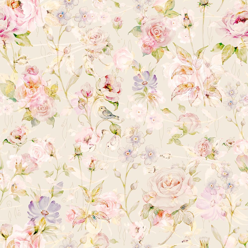 18"x236" Boho Beige Rose Wildflower Peel and Stick Self Adhesive Wallpaper Removable Contact Paper Stick on Easy Peel Off Wall Paper for Kitchen Bedroom Bathroom Renter