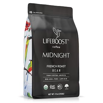 Lifeboost Midnight French Roast Coffee Beans - Single Origin Non-GMO USDA Organic Low Acid French Roast Coffee - Third Party Tested For Mycotoxins & Pesticides - 12 Ounces