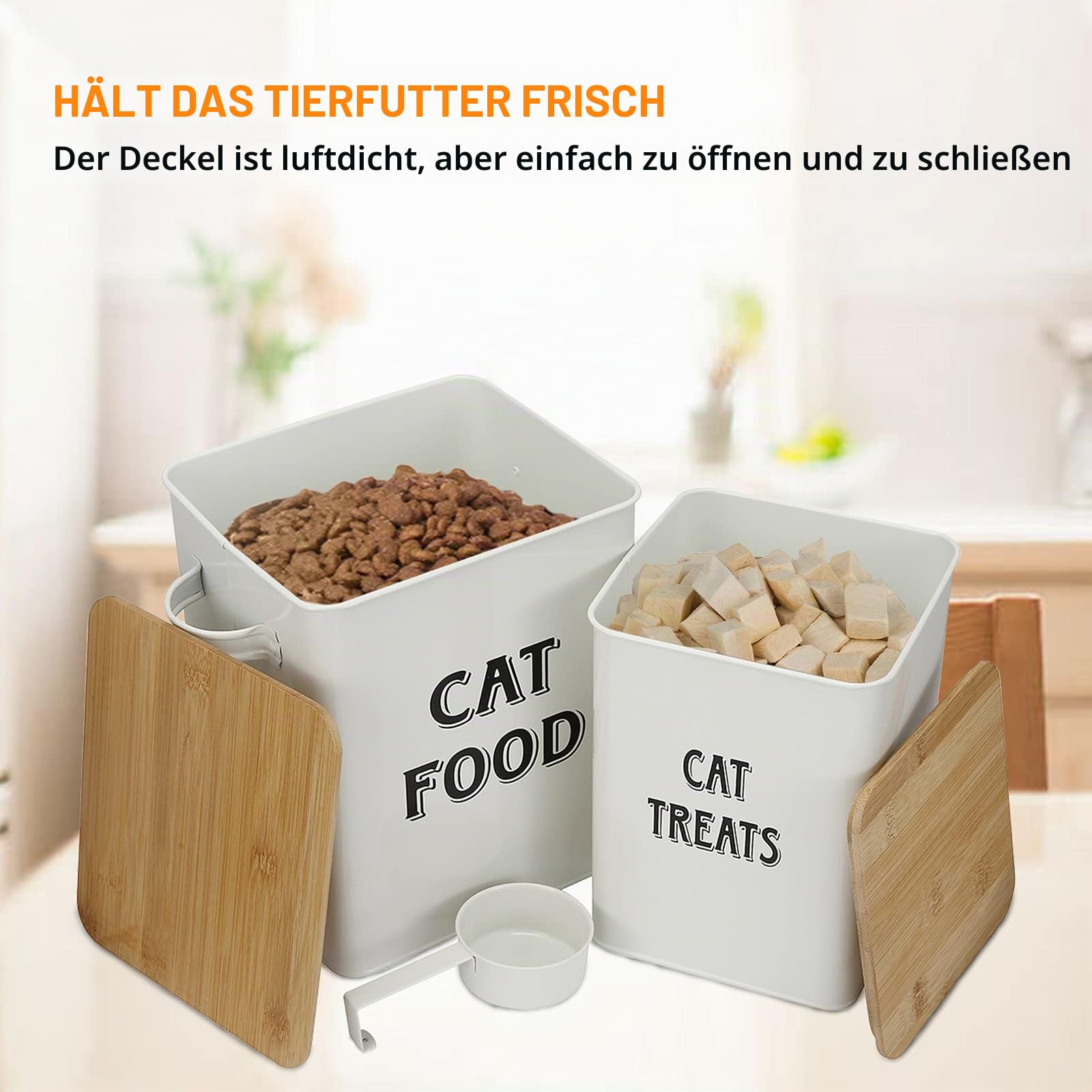 Morezi Tierfutterbehälter, Aufbewahrungstank für Katzenfutter, Futterbox mit Schaufel und luftdichtem Holzdeckel, Aufbewahrung von Lebensmitteln und organisations-weiß