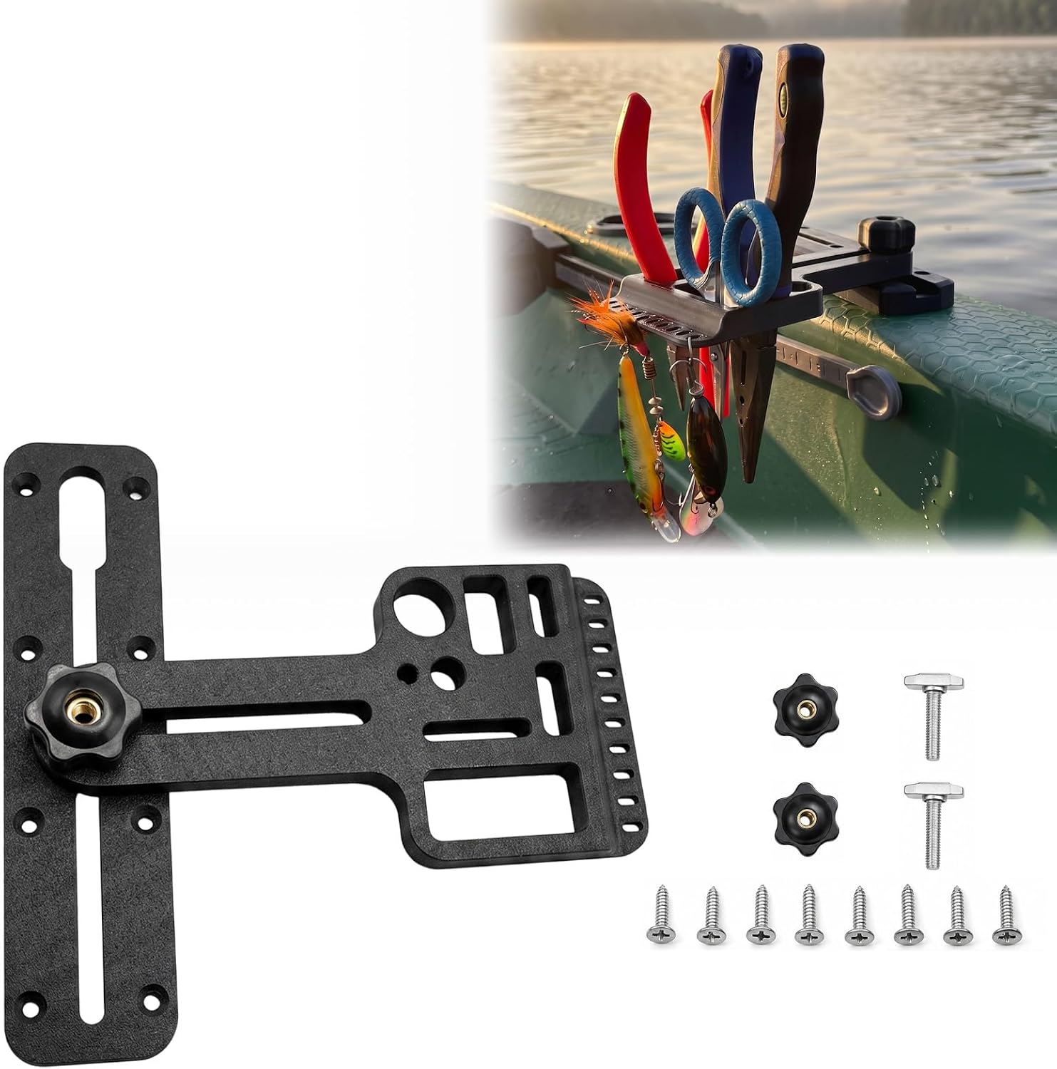 Kayak Fishing Tool Holder with T-Track Kit,Boat Angler Gear & Tackle Holder | Complete Kit with T-Track Rail & Hardware,Hold Pliers,Scissor,Lures & Fishing Gear,No-drill Install,Fishing Kayak Accessories