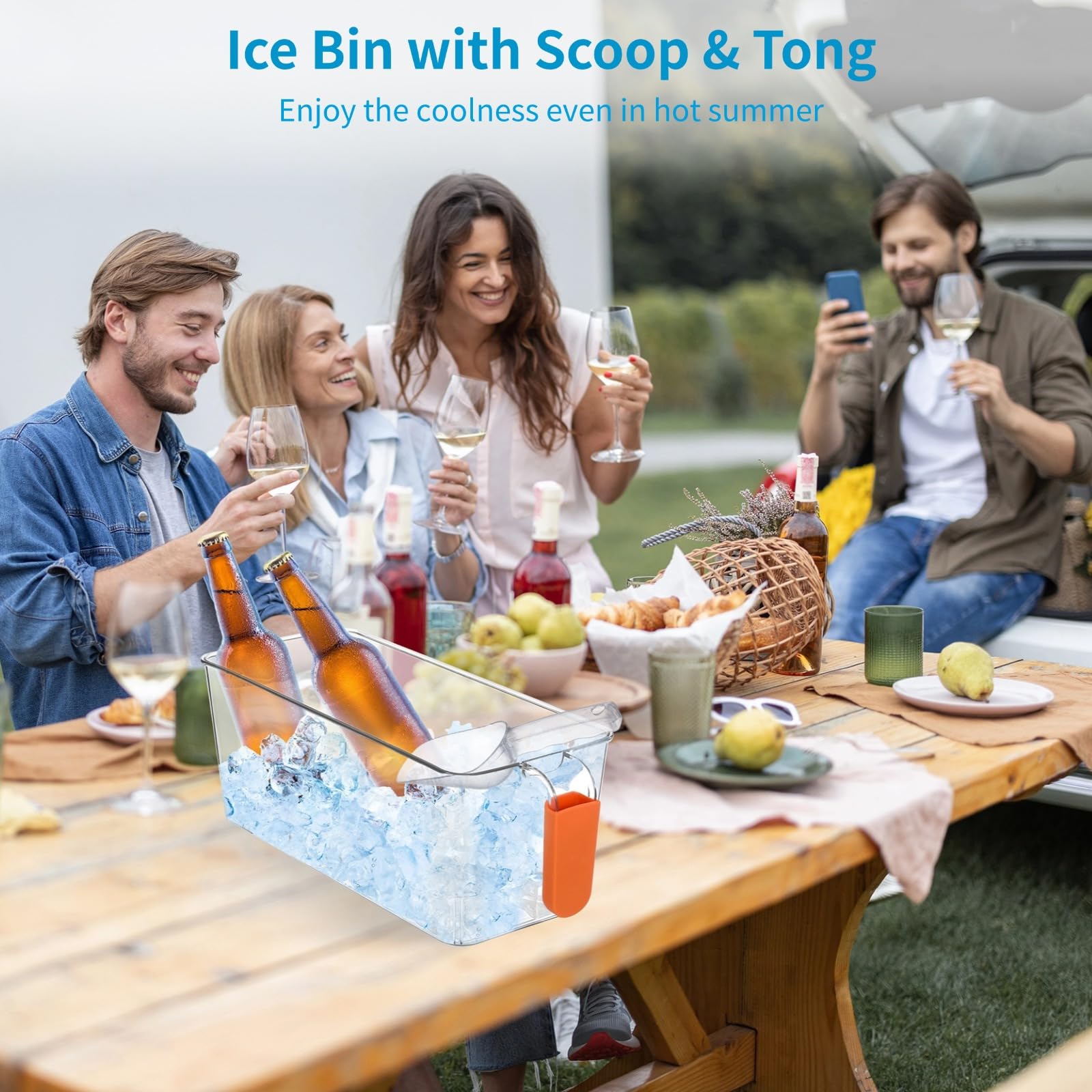 Paquete de 2 cubos de hielo con cuchara y pinzas, contenedor de hielo de plástico transparente para congelador, incluye mango extraíble y dos tamaños