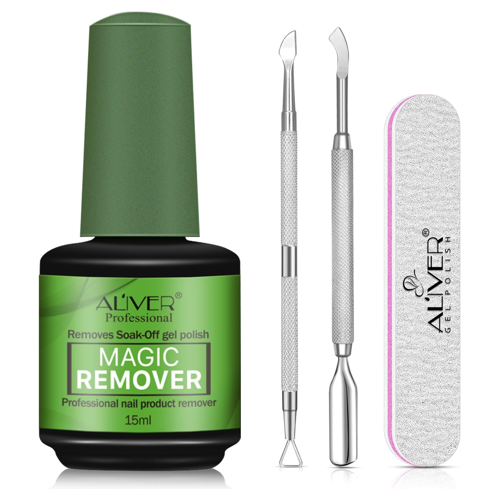 Quitaesmalte Gel con Empujador de Cutícula y Lima de Uñas, Removedor Esmalte Semipermanente, Permanentes para Uñas, Elimina Fácil y Rápidamente el Esmalte en 3-5 Minutos, No Daña las Uñas 15ml