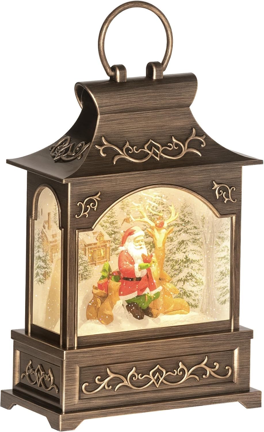 Christmas Snow Globe Lantern, Lighted Musical Snow Globe with Swirling Glitter, Battery Operated Christmas Decoration for Holiday Party or Gift, Bronze