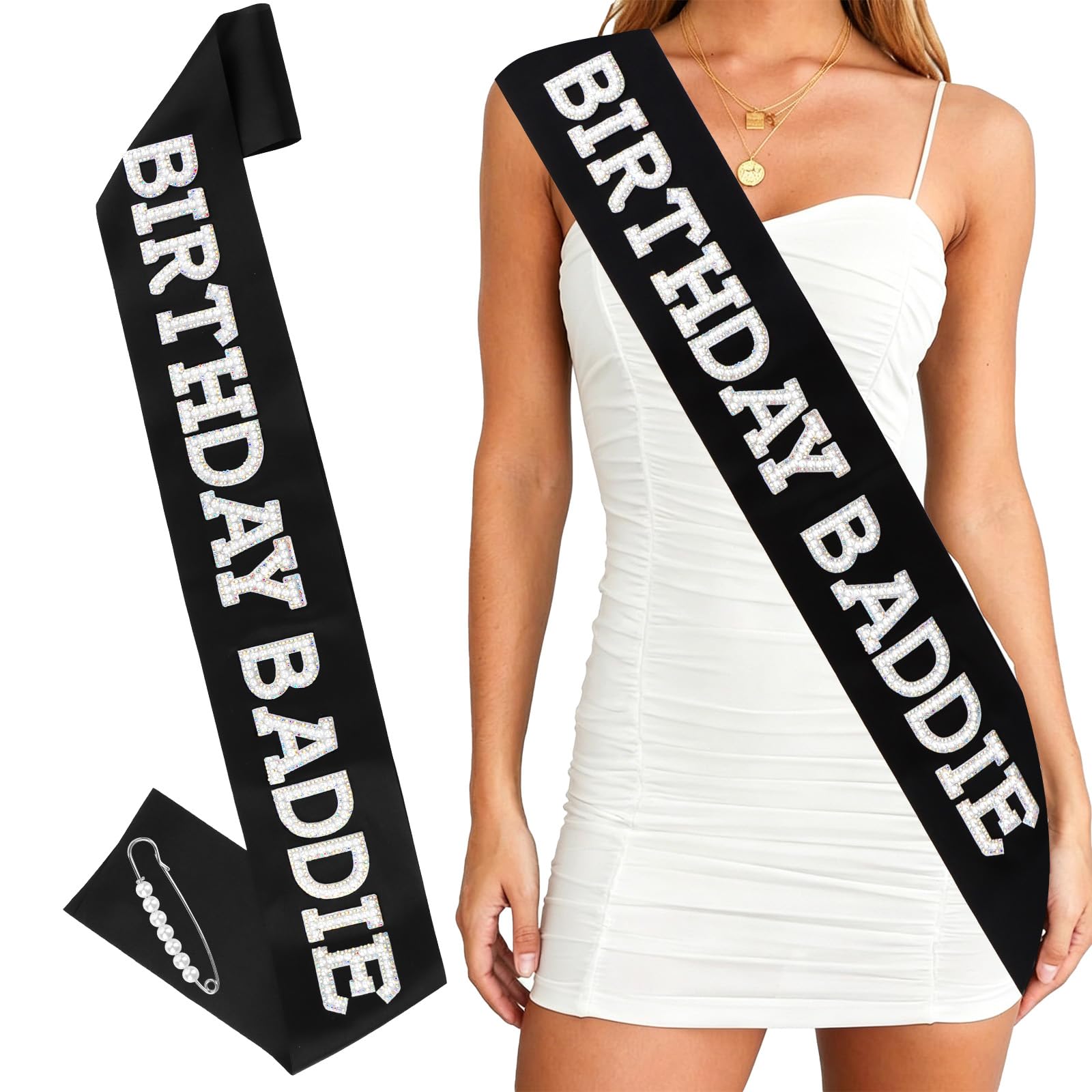 Photo 1 of BAHABY Black Birthday Baddie Sash with Pearls and Rhinestones