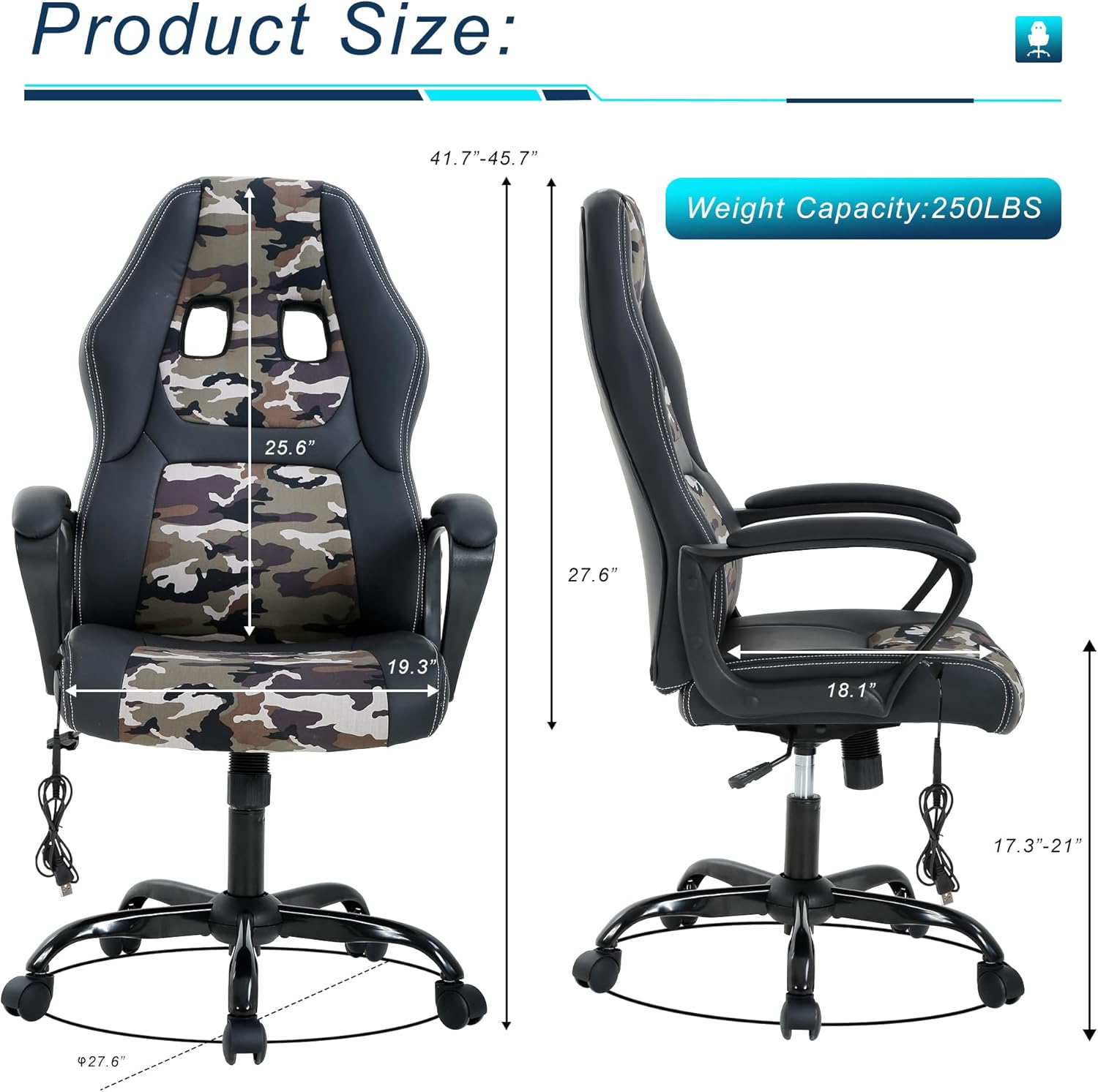 Gaming Chair With Massager, Ergonomic Office Video Gaming Computer Leather Desk Racing, Comfy Massage Silla Gamer for Adults and Kids, Camo
