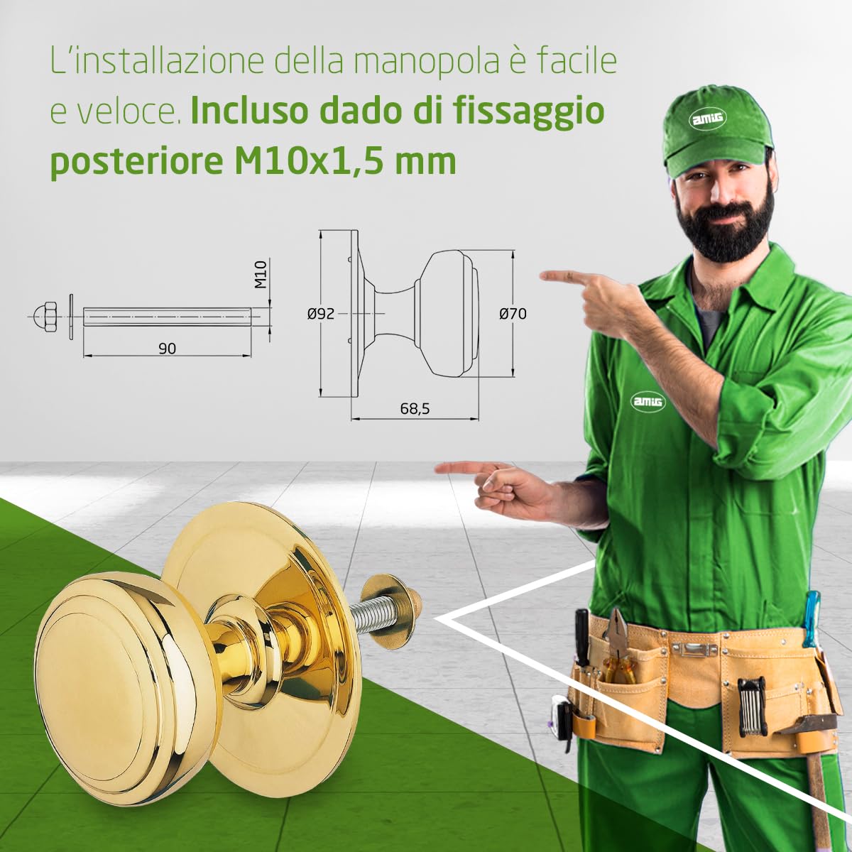 Amig - Pomello Mod 12 dorato rotondo in ottone massiccio lucido per porte esterne di ingresso | Diametro maniglia Ø70 mm · Altezza 68,5 mm | Facile da installare Include dado di fissaggio