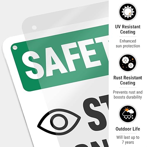 Miniatura 7 de Stay Alert Dont Get Hurt Sign, OSHA Safety First Sign, 10x7 Inches, 55 mil thick HDPS (high density polystyrene), Made in USA by Sigo Signs