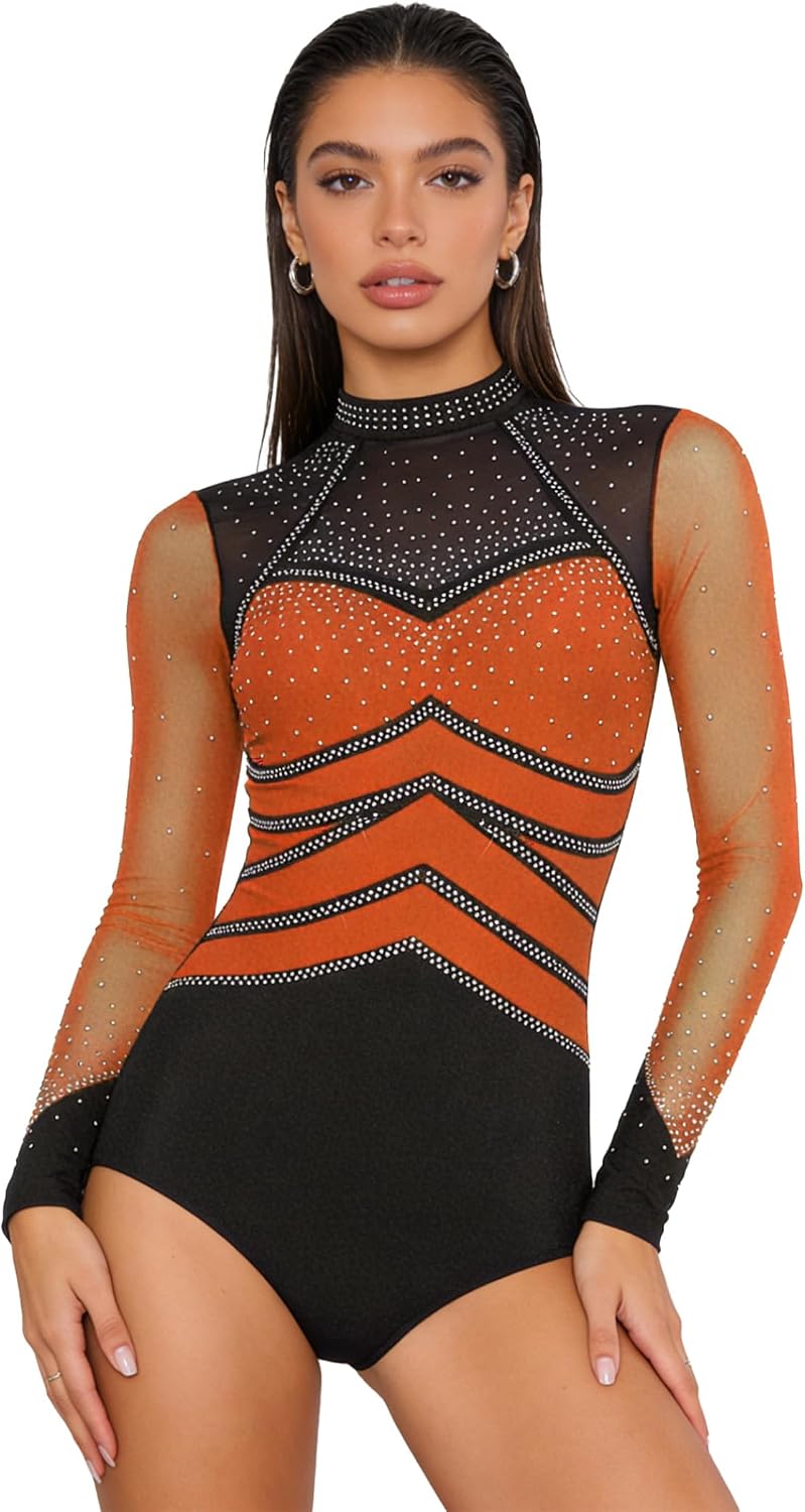 JEYPINMI Gymnastics Leotards for Women Long Sleeve Sparkly Rhinestone Dance Ballet Unitards for Practice
