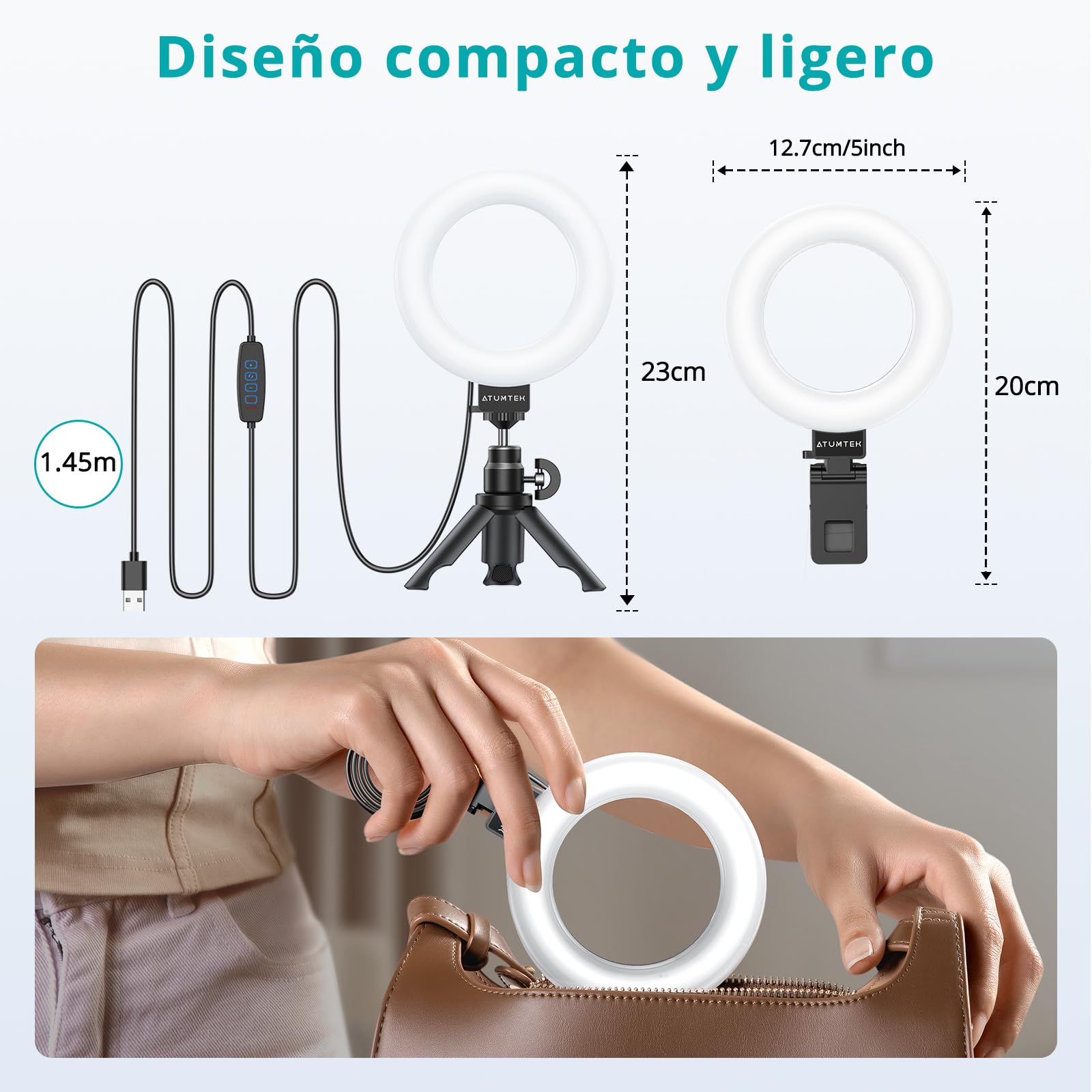 Aro de Luz ATUMTEK de 5 Pulgadas con Trípode y Clip para Laptop, Luz LED Regulable con 3 Temperaturas de Color y 10 Niveles de Brillo, Ideal para Videollamadas, Vlogging y Fotografía en Streaming