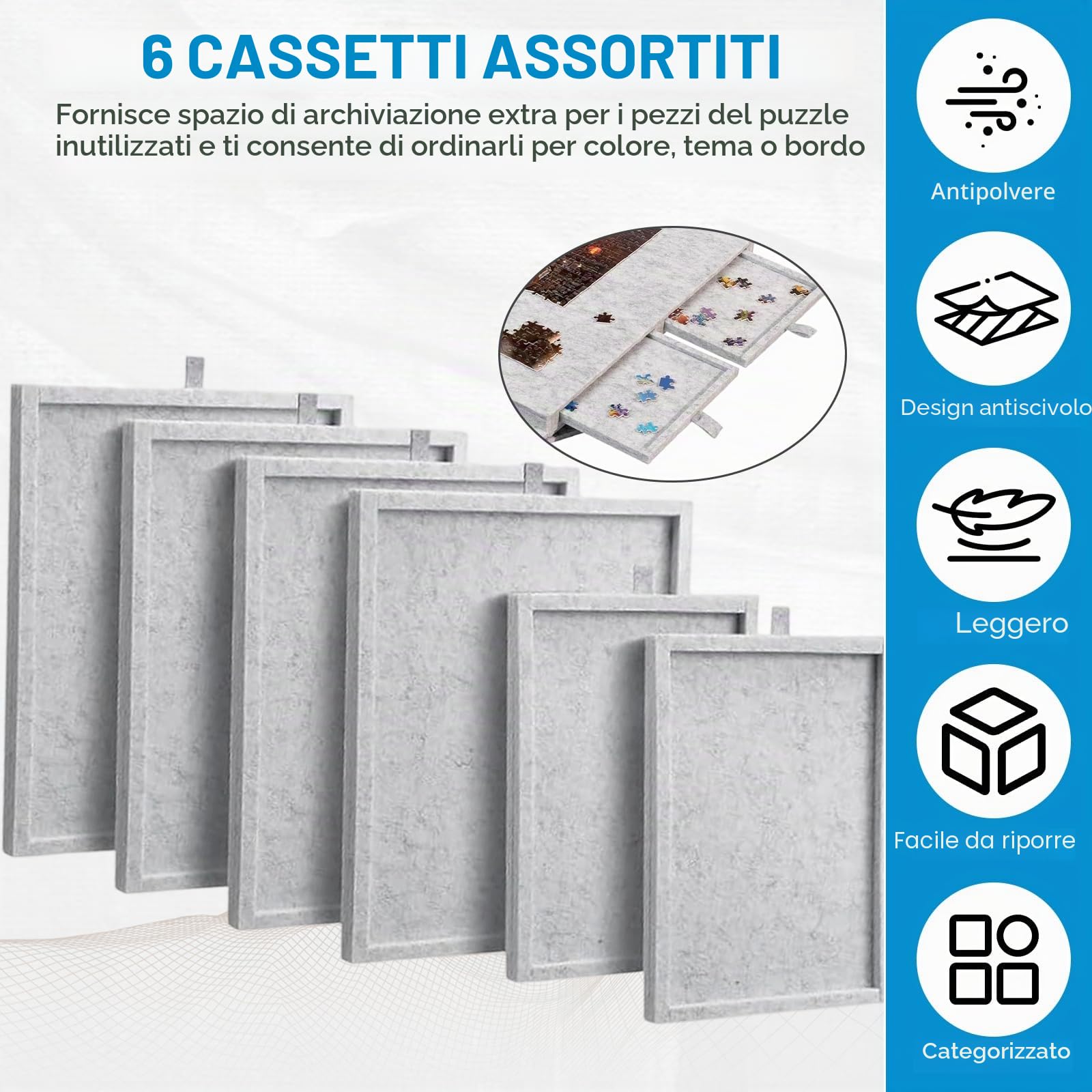 Tavola Puzzle Pieghevole,Tavolo Puzzle Inclinabile con 6 Cassetti,Leggero in Feltro Puzzle Plateau con Supporto e Copertura Progettati 2 in 1 Portatile Salvaspazio Può Ospitare 1000 pezzi (Grigio)
