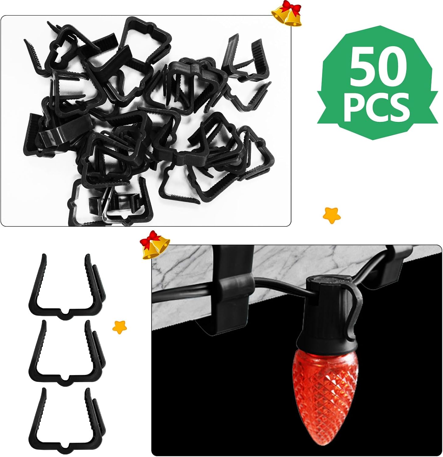 50 Pieces Christmas Holiday Light Hanger Hooks, 1.62" Fascia Boards Clips Black, Plastic Holiday Light Clips for C7, C9, Mini String Lights Outdoor Roof Roofline Deck Eave Christmas Decoration