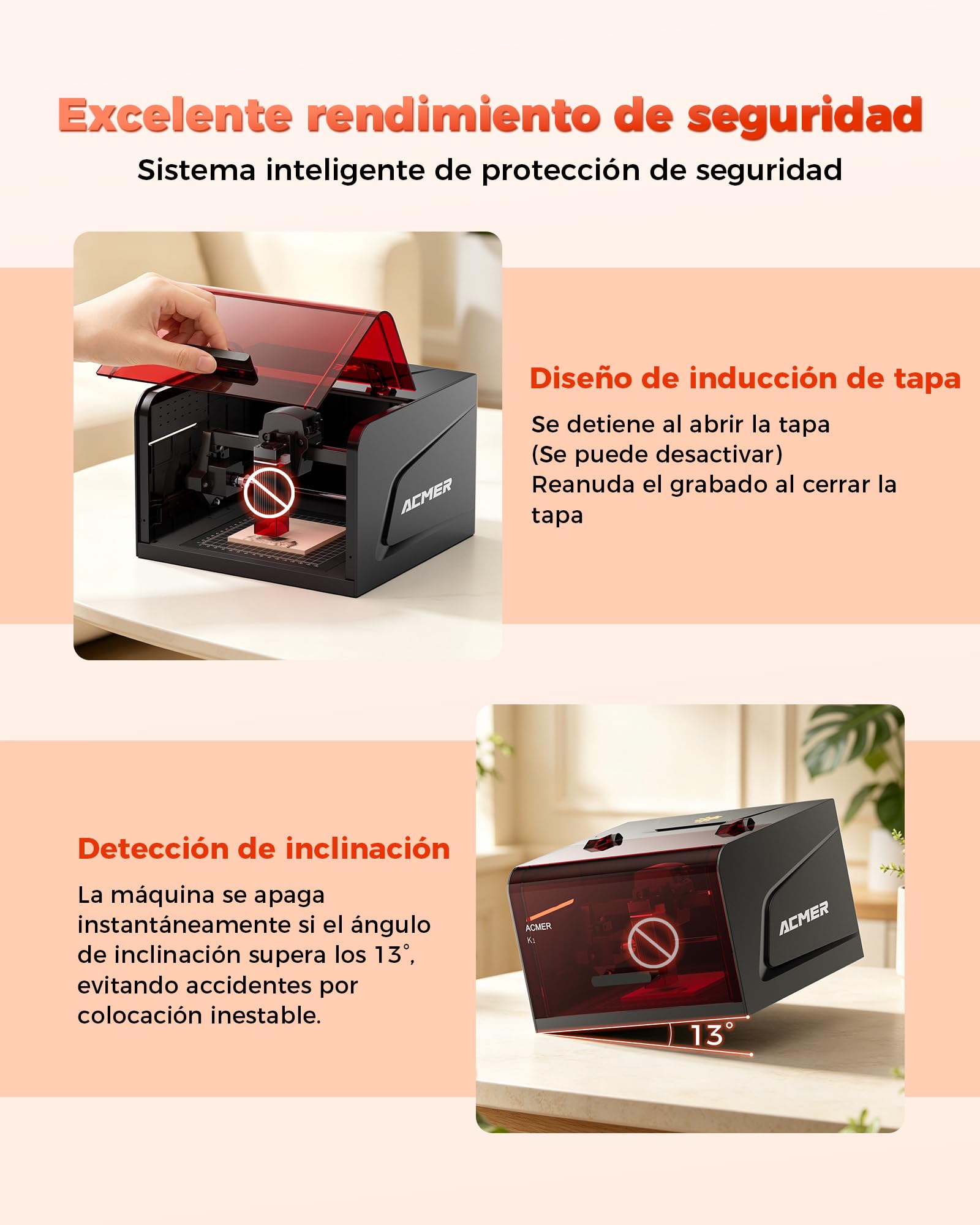 ACMER K1 12W Máquina de grabado láser, máquina láser cerrada Clase 1 con extracción de humo, cortador y grabador láser de precisión 0,01 mm para bricolaje, madera,metal y fabricación de regalos
