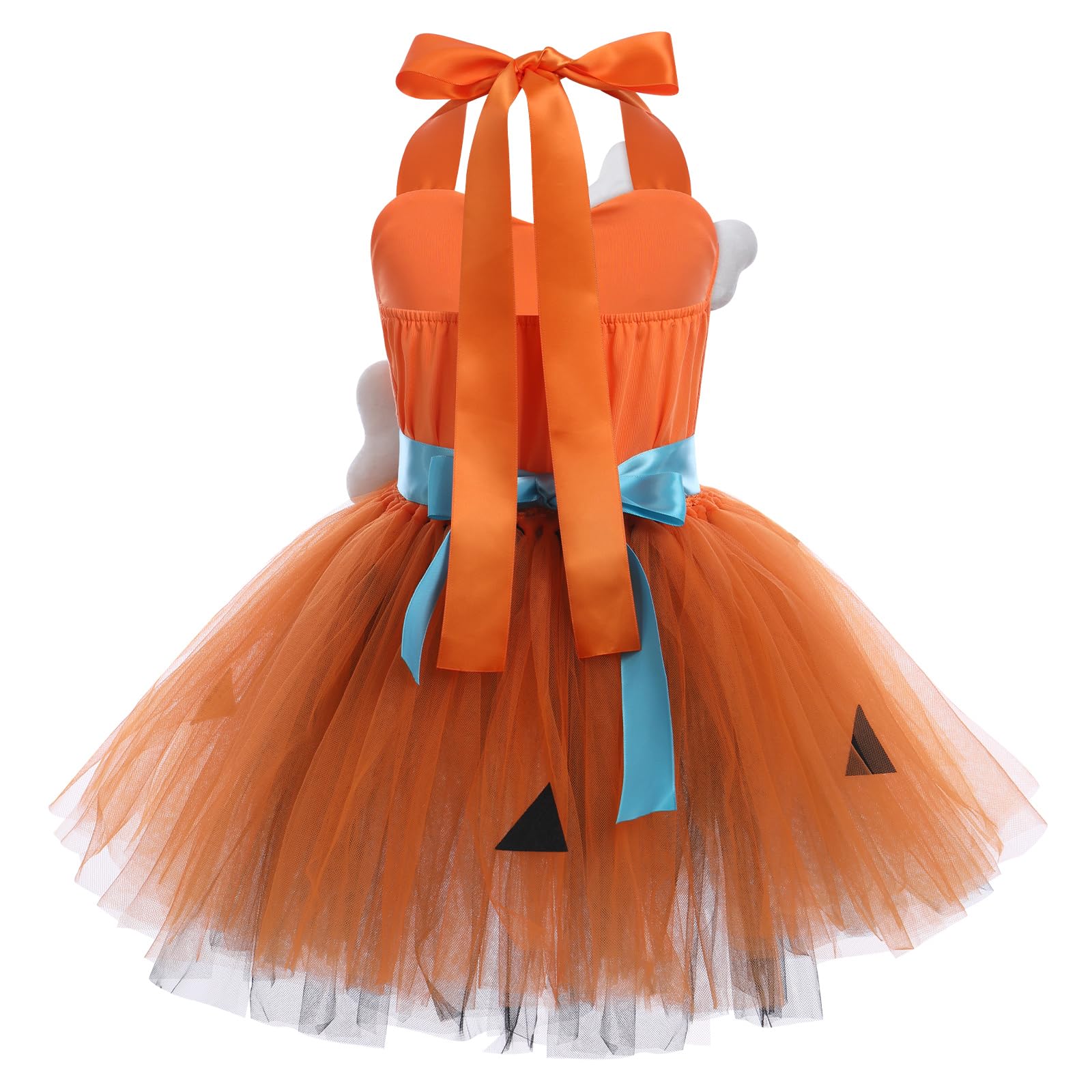 FYMNSI Girl Caveman Costume Kids Cavegirl Fancy Dress Up Toddler Baby Flintstones Halloween Party Cosplay Historical Stone Age Stage Performance Tutu Tulle Dress Bone Hair Clip Set Orange 11-12 Years - Image 4
