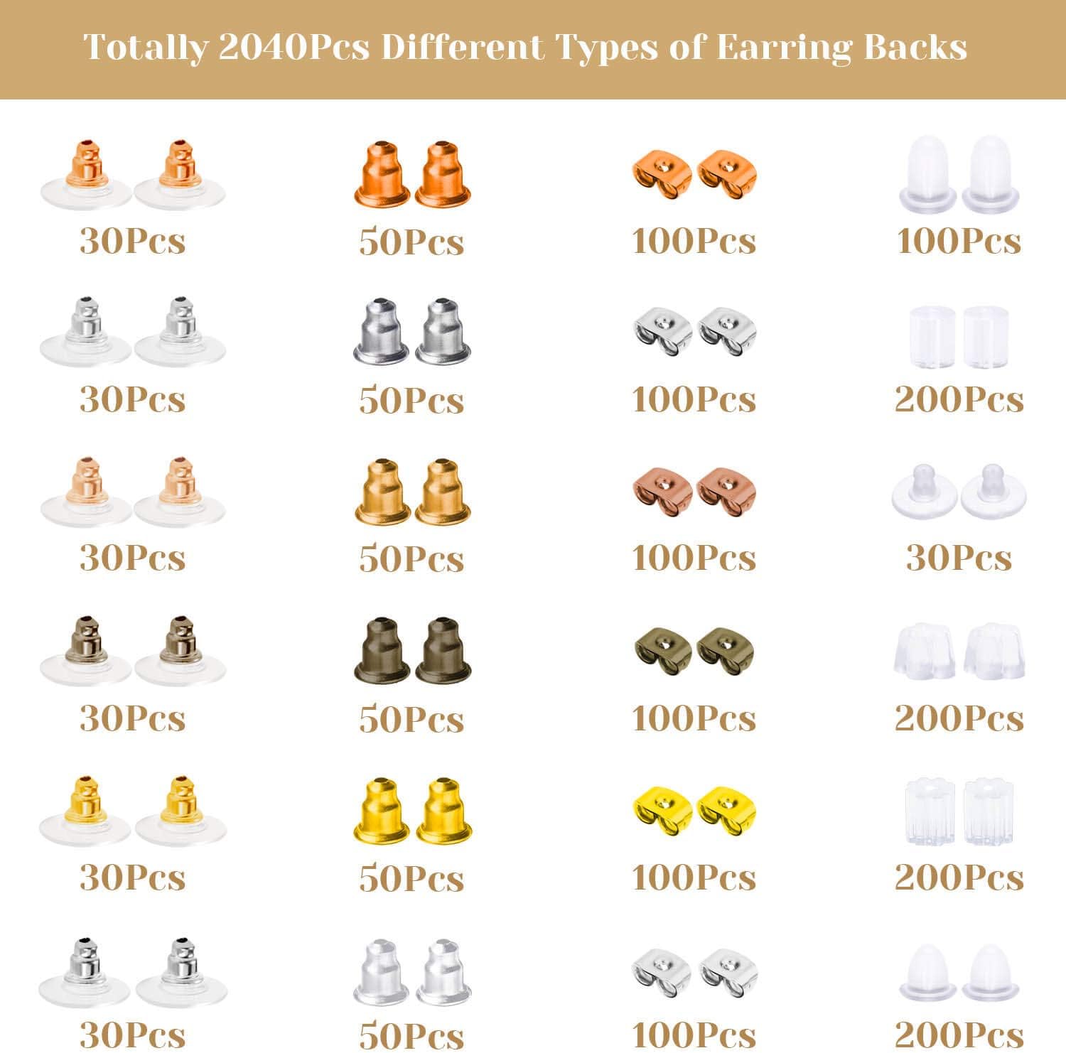 anezus Earring Backs, 2010Pcs Earring Backs Secure with Clear Rubber Earring Backs, Metal Earing Backings Replacements for Earrings, Studs, Posts (Assorted Colors & Styles)