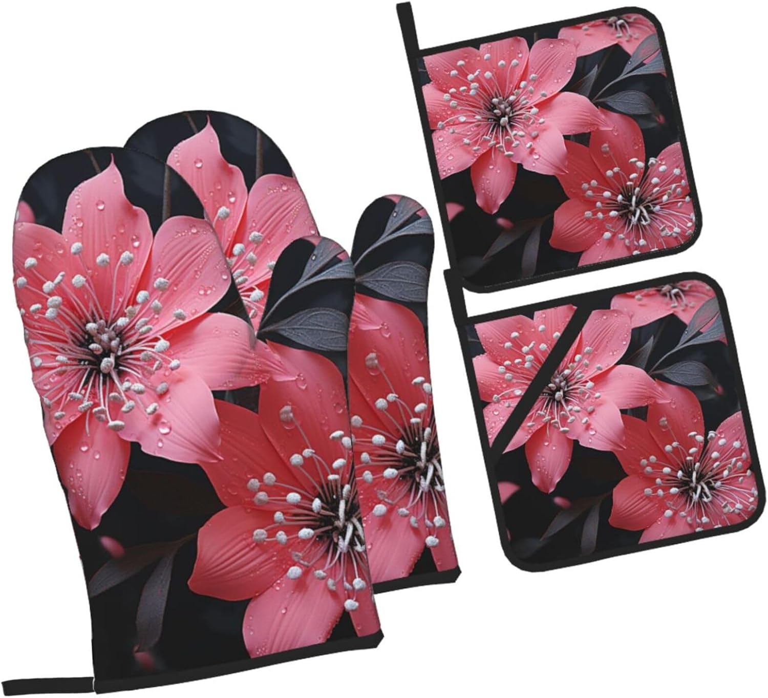 4 pcs Oven Mitts and Pot Holders Set Pink and Black Flower Kitchen Oven Glove Non-Slip Heat Resistant 500 Degree Long Oven Mitts and Potholder for Cooking Baking Grilling BBQ