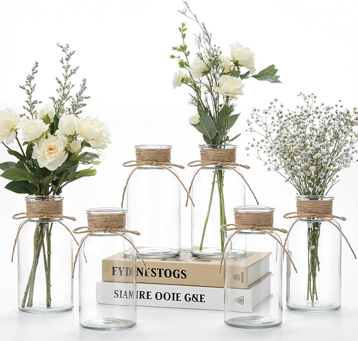 Glass Flower Vases for Centerpieces Boho Cylinder Bud Vases in Bulk Mason Jars for Weddings, Farmhouse Parties & Vintage Home Decor (6, Clear)