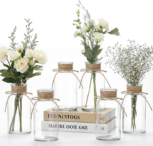 Mason Jar Glass Vases 6 Pack, Clear Flower Vase for Centerpieces | Rustic Farmhouse Home Decor, Bud Vase with Twine, Wedding Table Decoration, Boho Floral Arrangement, Vintage Jars Bulk