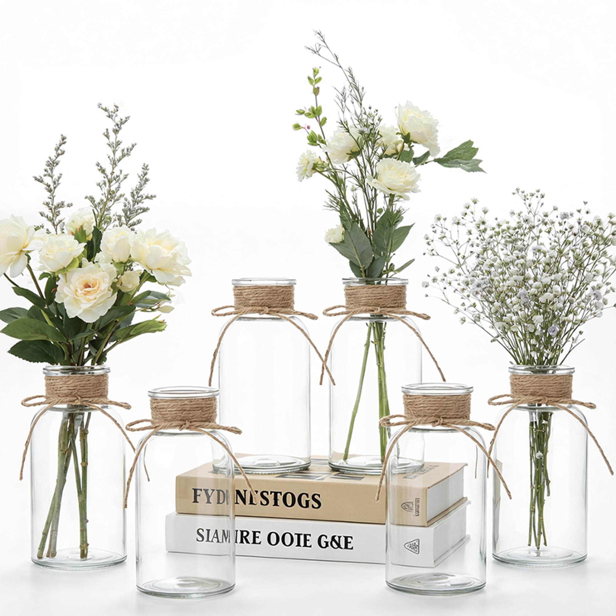 TAOZIMA Mason Jar Glass Vases 6 Pack, Clear Wedding Centerpiece Vases