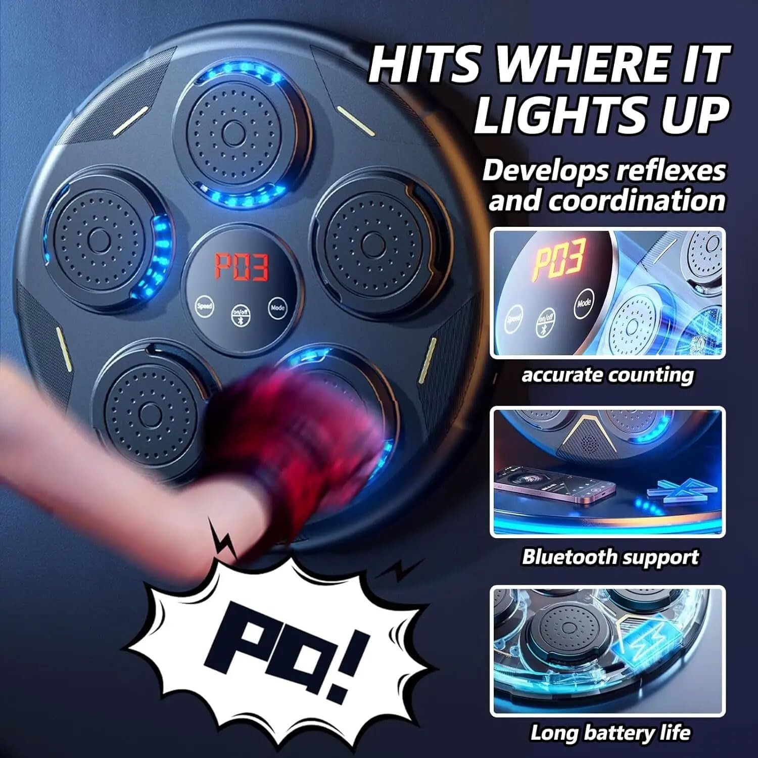 Máquina de boxeo de música electrónica, objetivo de entrenamiento musical Bluetooth inteligente, ajuste de 9 niveles Entrenador de reacción de conteo inteligente, objetivo de pared con luz rítmica for