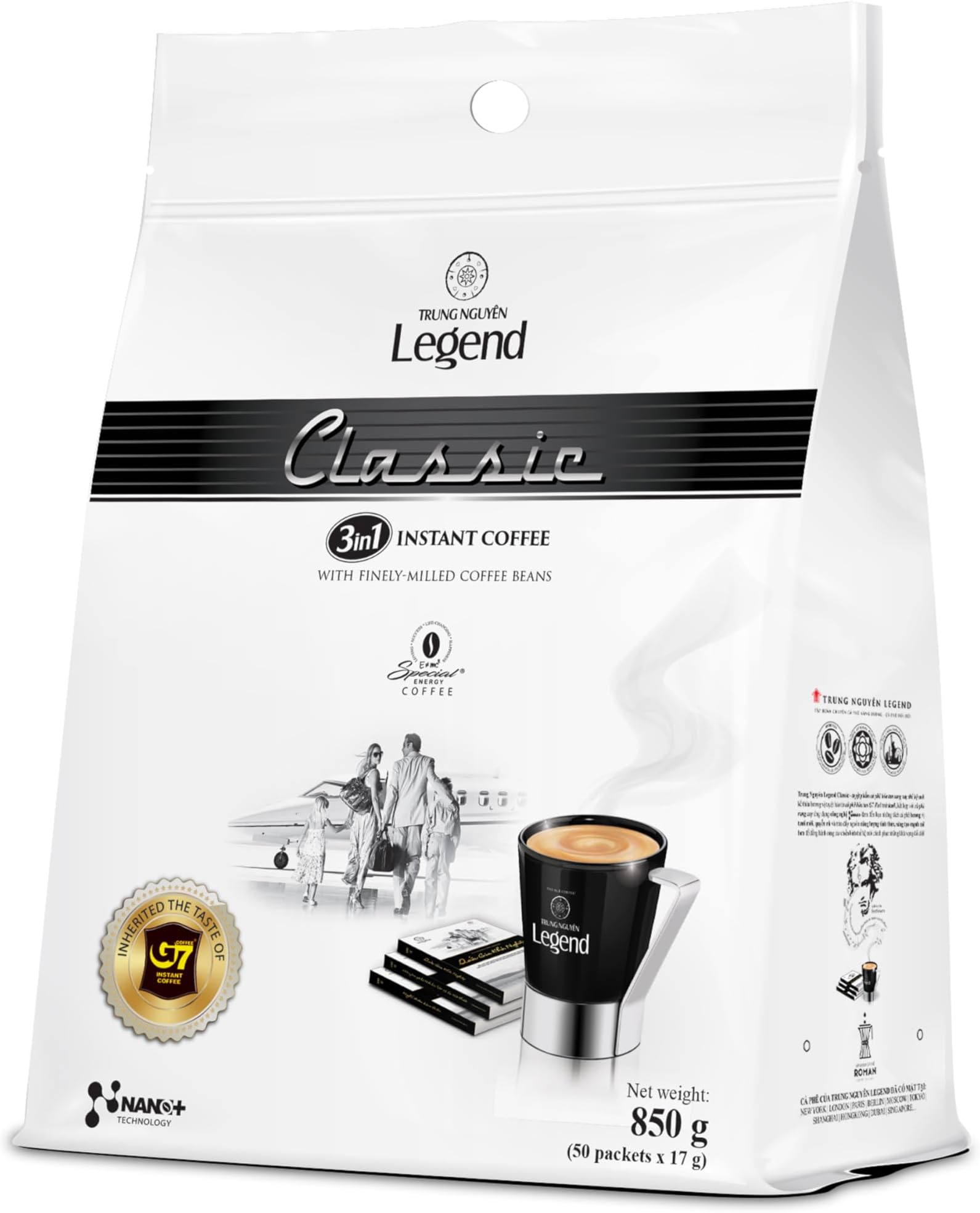 CLASSIC Premium Instant Coffee for Energy Boost by NANO+ Technology, Non-Dairy Creamer, Coffee Mix - Strong and Pure Vietnamese Instant Coffee (50 Packets/Bag)