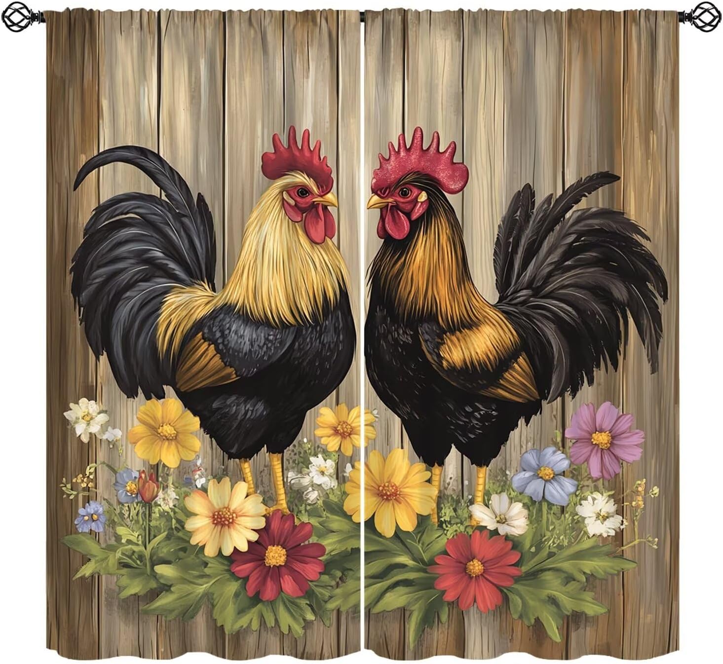 Rooster Rustic Farm Kitchen Curtain Vintage Flowers Board Window Treatment for Kitchen Cafe Dining Room Vintage Decor Window Drapes 42" W X 63" L