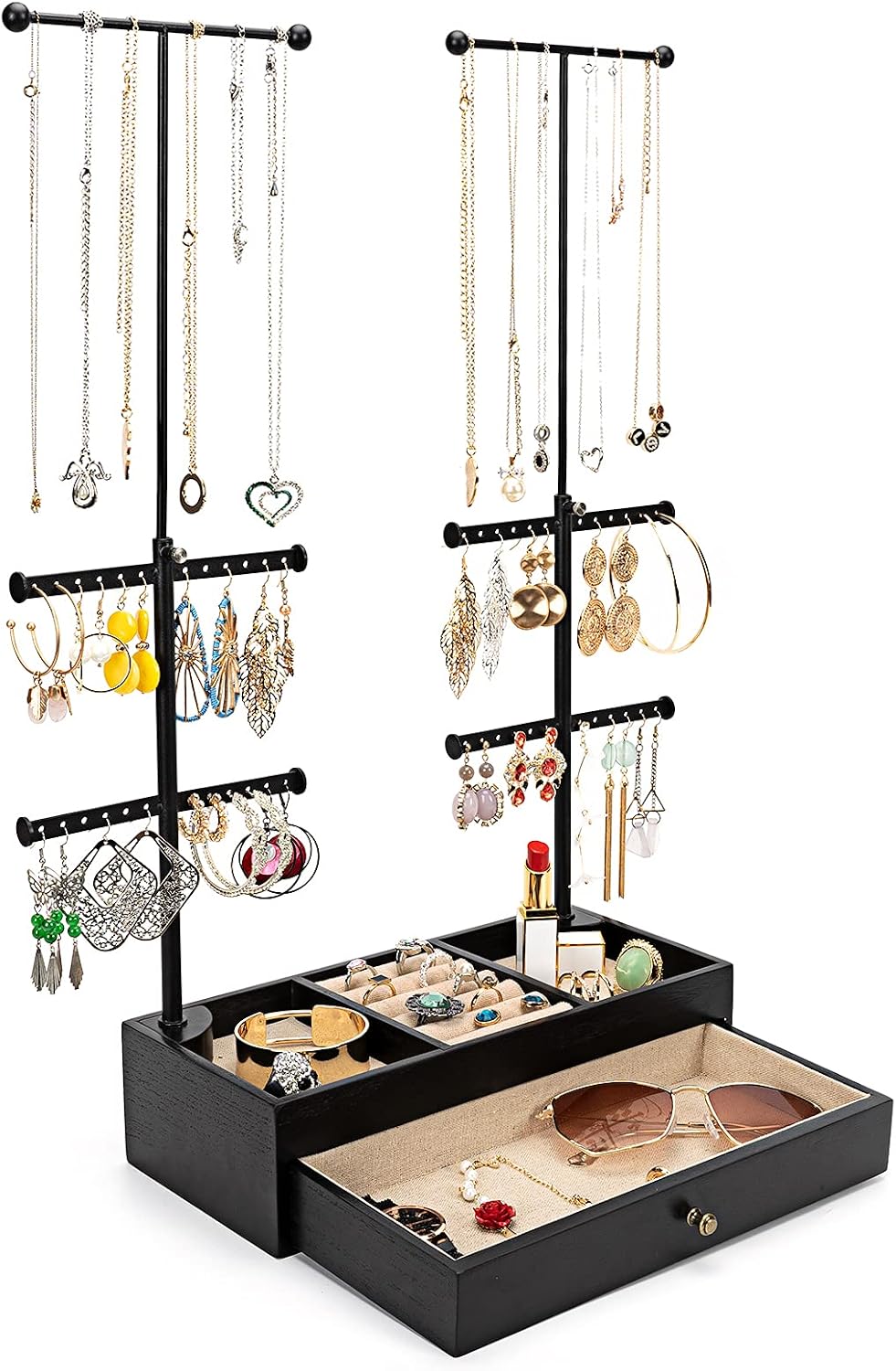 Emfogo Jewelry Organizer Stand Wood Basic Jewelry Drawer Storage Box with Double Rods & 6 Tier Jewelry Tree Stand Holder for Necklaces Bracelet Earring Ring Display(Vintage Black)