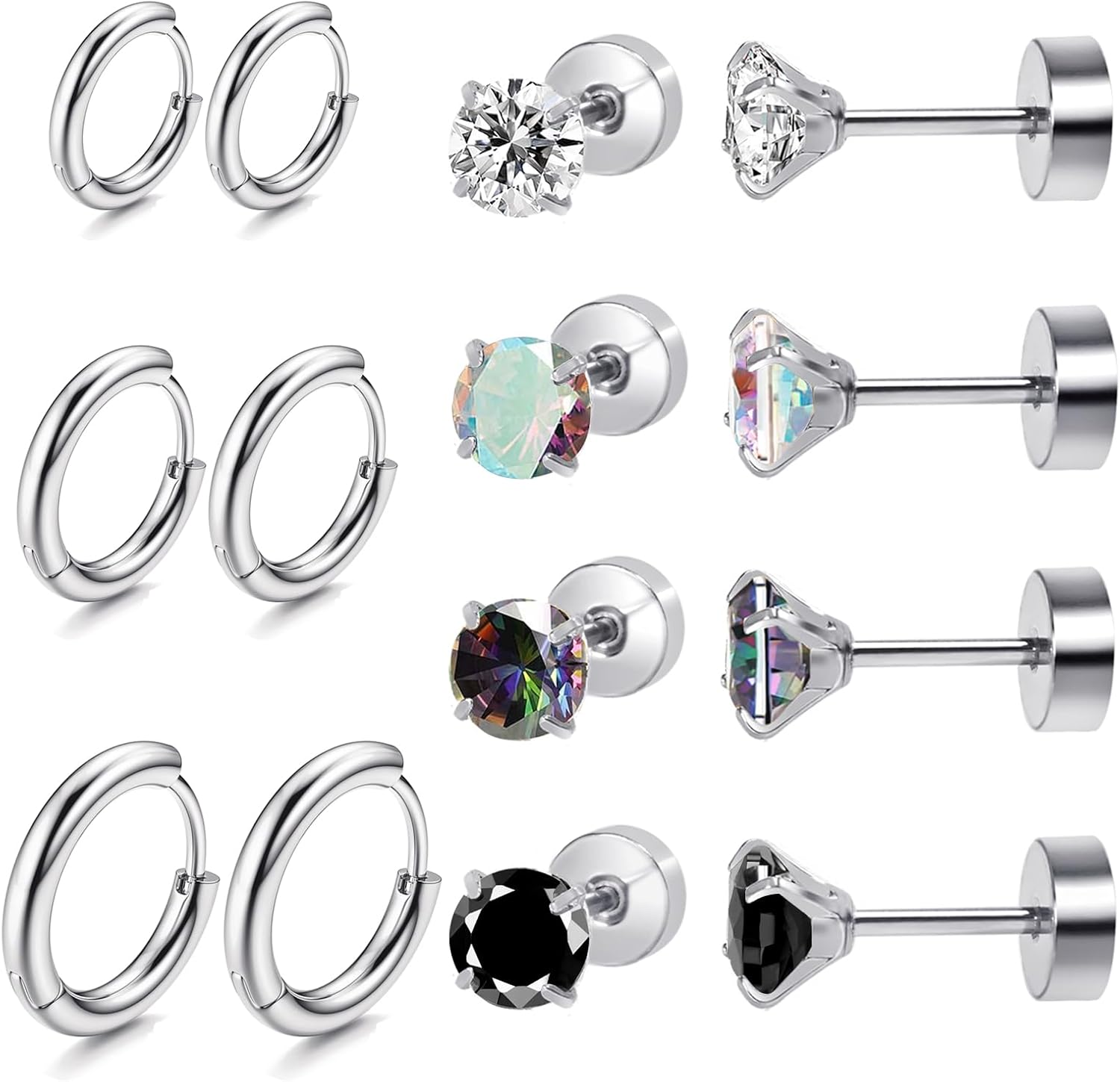 Titanium Earrings for Sensitive Ears - Flat Back Stud & Hoop Earrings Set, Hypoallergenic Surgical Stainless Steel Cubic Zirconia, 7 Pairs