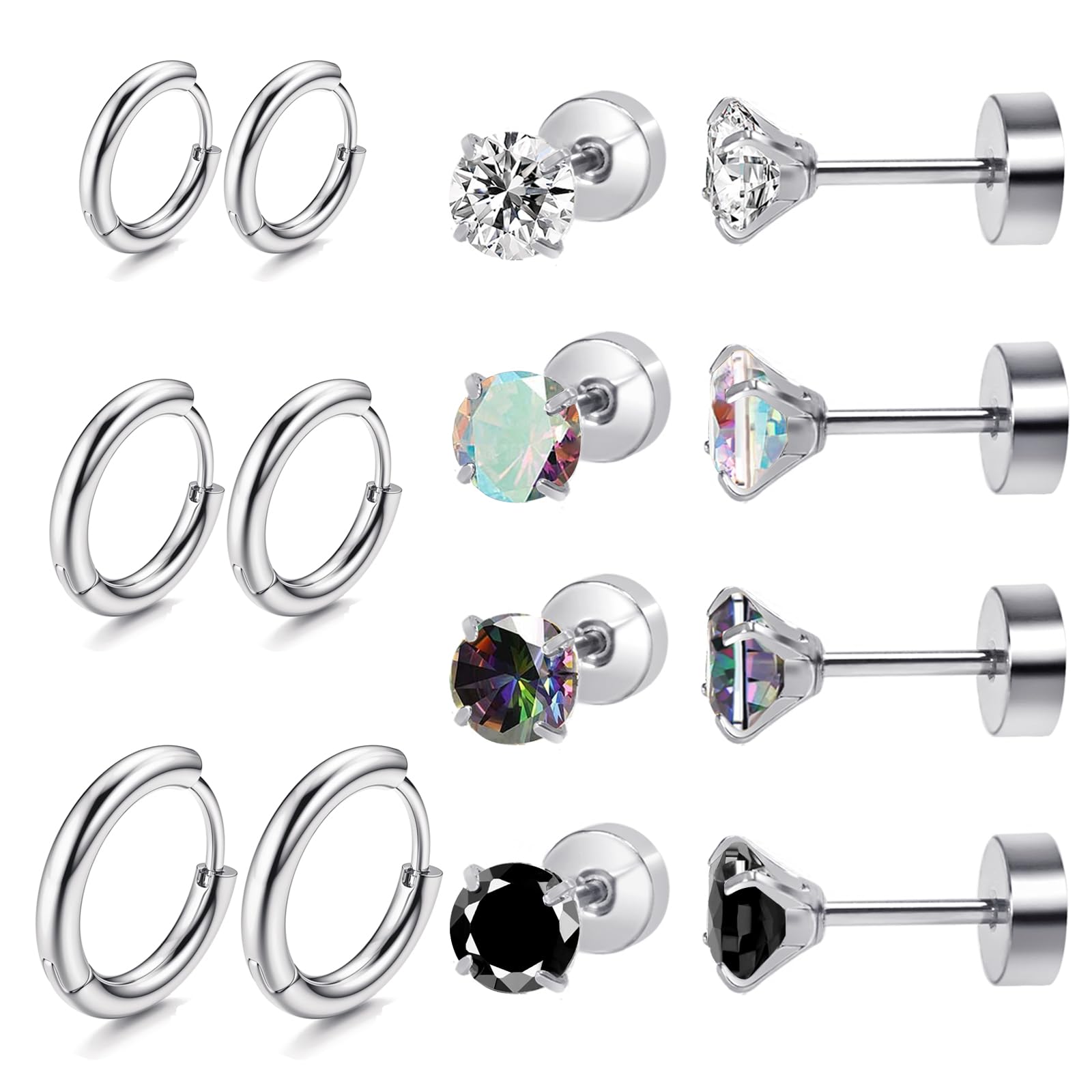 Titanium Earrings for Sensitive Ears - Flat Back Stud & Hoop Earrings Set, Hypoallergenic Surgical Stainless Steel Cubic Zirconia, 7 Pairs