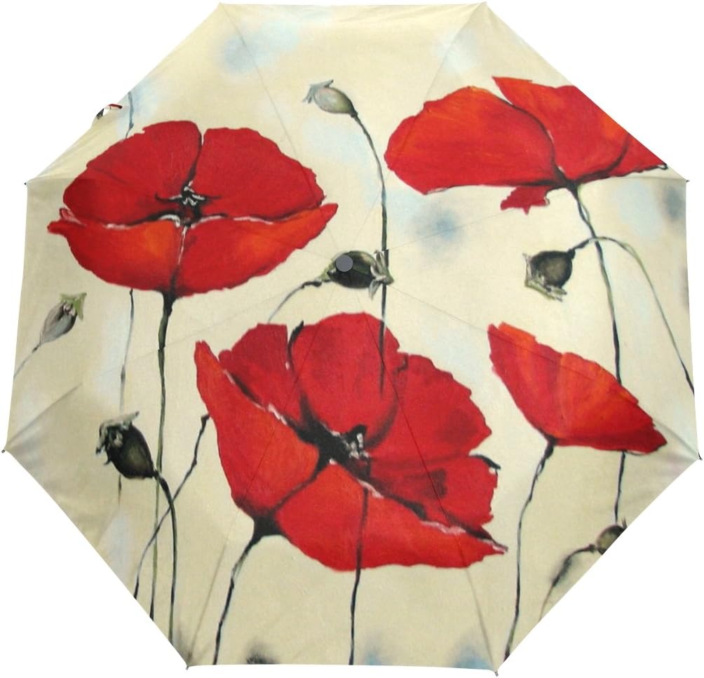 Yoshop Auto Foldable Umbrella,Poppy Flowers Automatic Windproof Rain Umbrella Compact Folding Sun Parasol