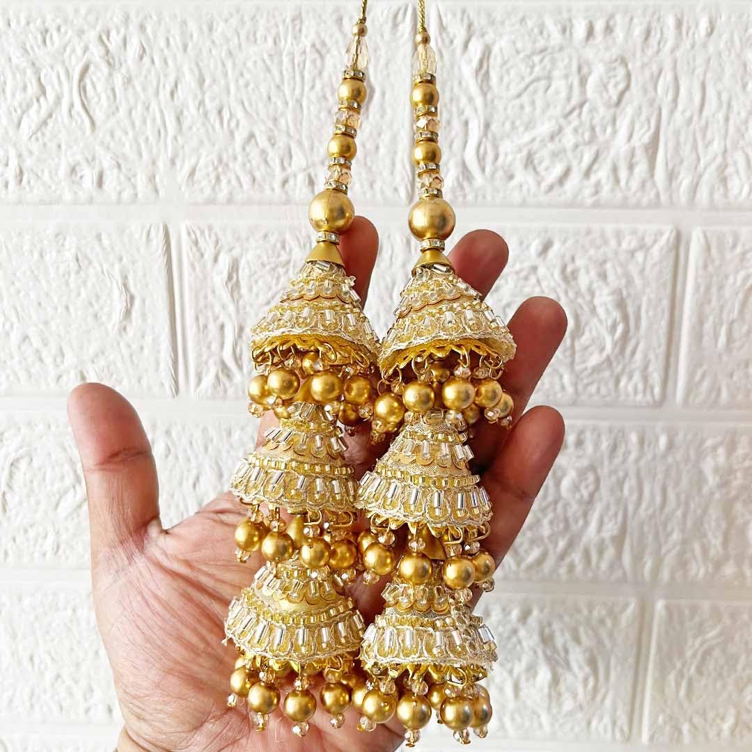 Adikala Craft Store Ethnic Nalki Cone Latkan Tassel Pack of 2 for Saree Pallu, Blouse, Suits, Dupatta, Lehenga Decor (Golden 3Cone)