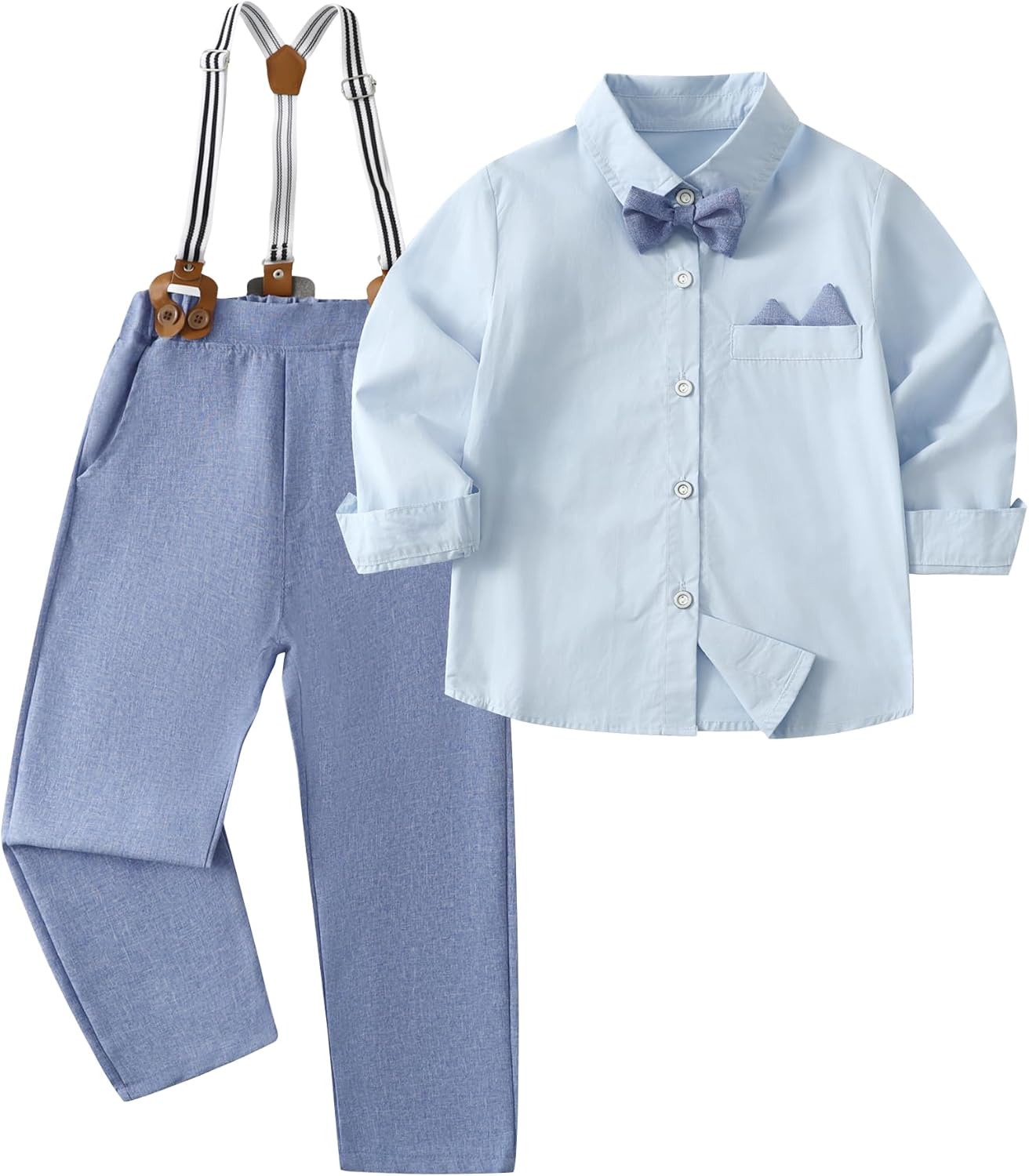 Little Boy Clothes Suits Dress Shirt with Bow Tie Suspender Pants Gentleman Outfit Sets for Party, Prom, Wedding
