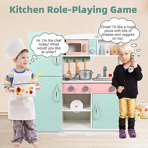 Miniatura 6 de Juego de cocina de juguete de cocina de madera con estufa, horno, fregadero, refrigerador y 11 piezas de accesorios de cocina, juegos de cocina para