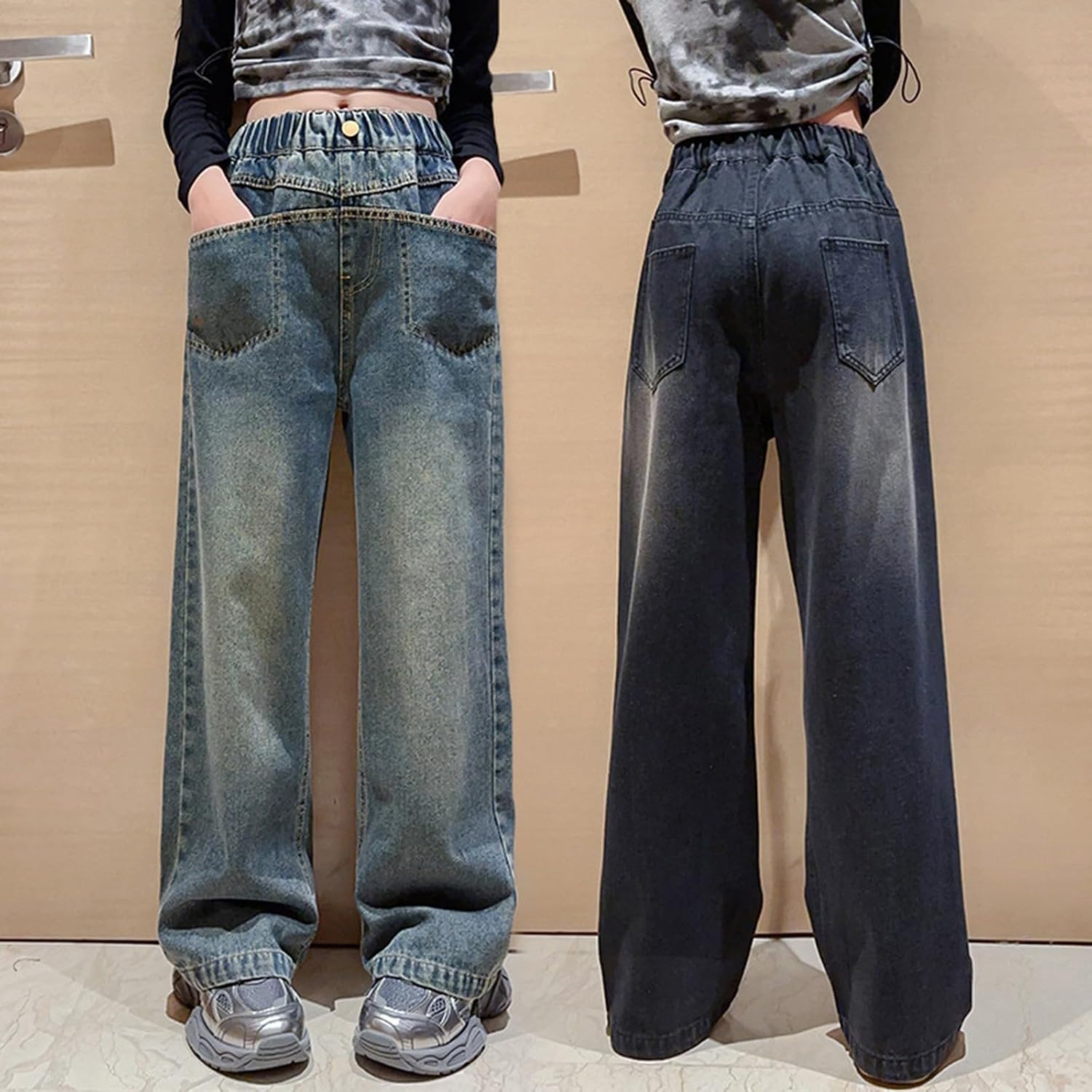 Baggy Jeans for Tween Girls High Waisted Elastic Waist Denim Pants Distressed Straight Leg Jeans Vintage Denim Pants
