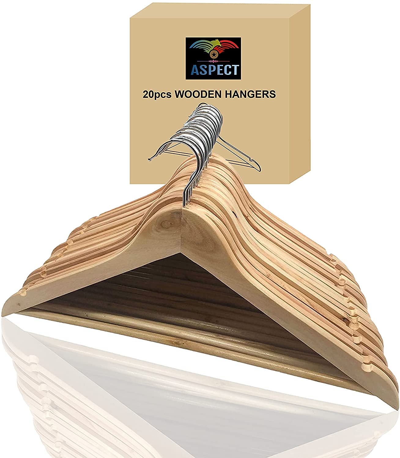 Aspect Wooden Coat Hangers, Smooth Finish Natural Wood Coat Hanger with Non Slip Pants Bar for Wardrobe Space Saver, 360° Swivel Hook and Precisely Cut Notches for Jacket, Dress & Clothes (Pack of 20)