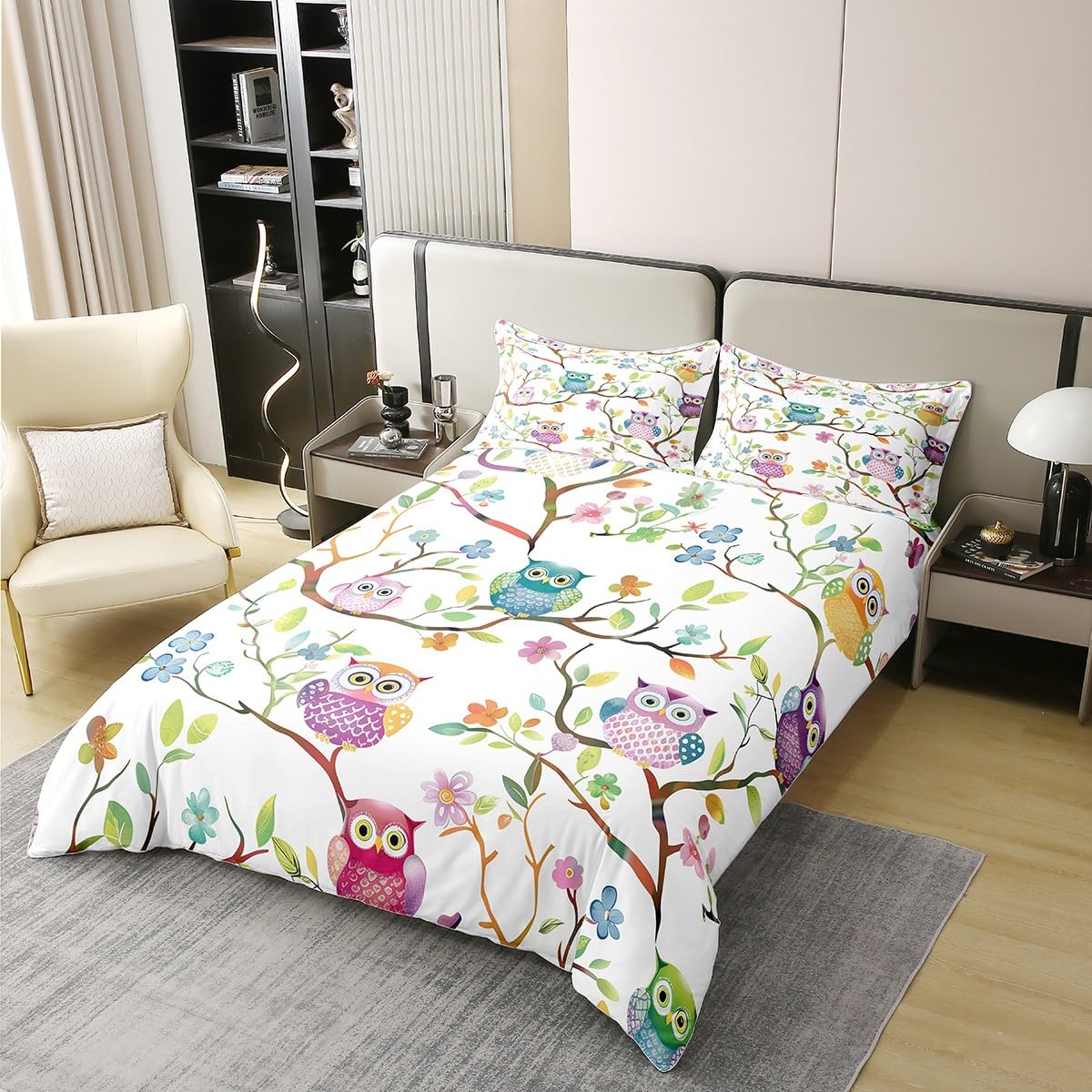 Loussiesd niedliche Eule 100% Baumwolle Bettwäsche Set 135x200cm Tier Eule Blumen Bettbezug Set für Teenager Mädchen Zimmer Dekor Regenbogen Cartoon Eule Betten Set Botanische Weich Bettwäsche-Set