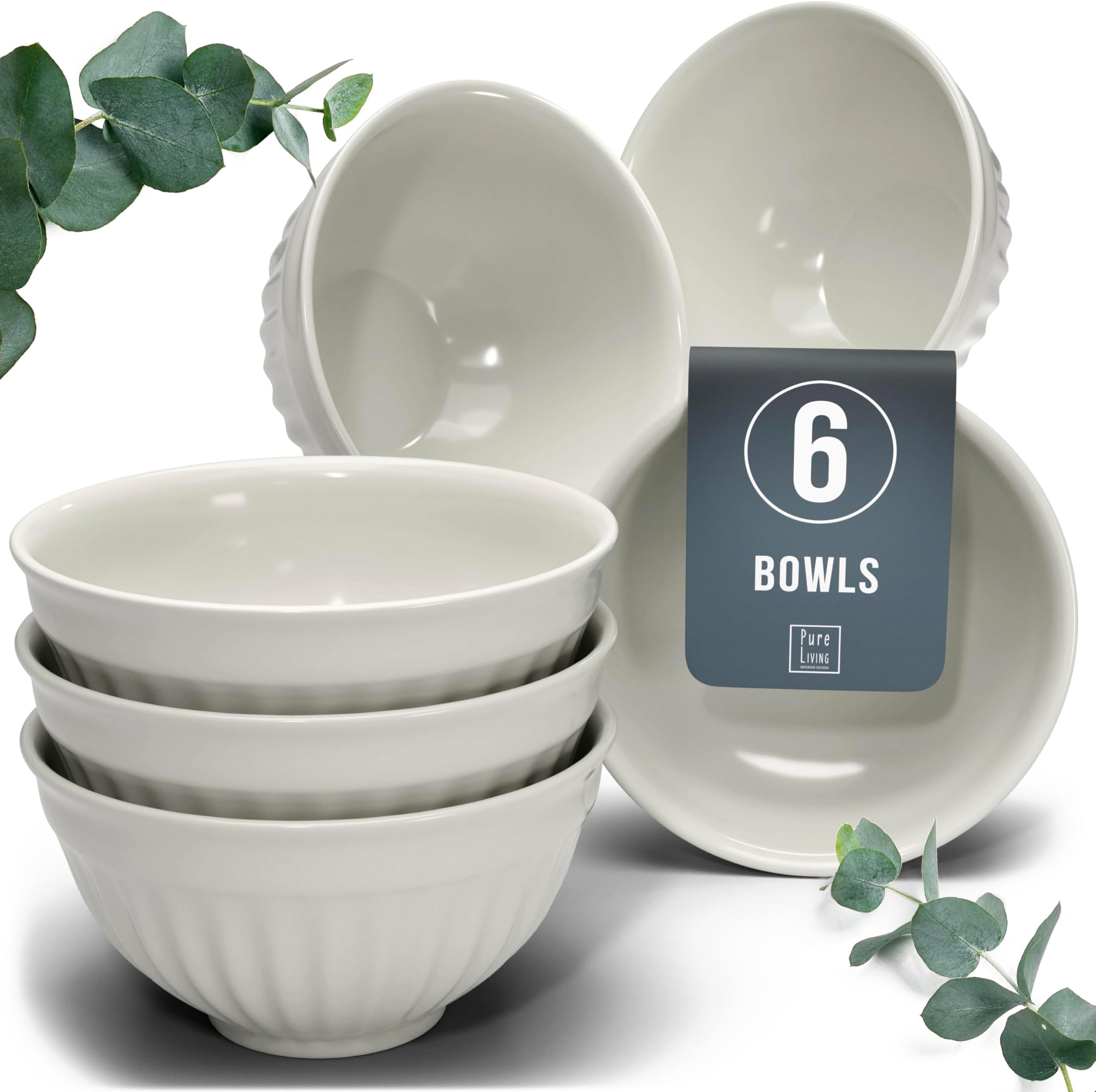 Stoneware 6-Piece Cereal Bowl Set Hygge Series - Cereal Bowl Set, Dishwasher, Microwave, and Scratch Resistant - Cereal Bowls, Small Bowls Set - Stylish Grooved Small Bowls Set in Beige