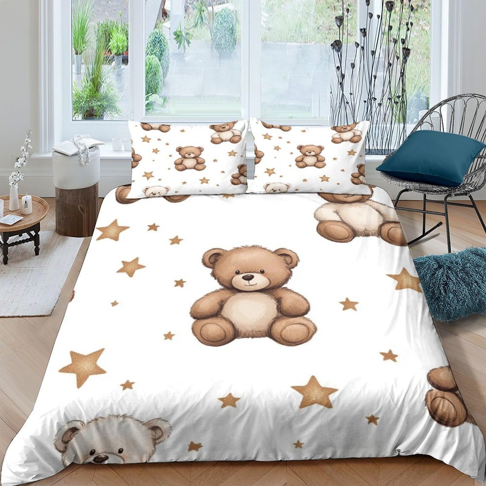 TUFRTGYHN 3D Printed Teddy Bear Duvet Cover Microfiber Soft Breathable Star Pattern Bedding Set with 2 Pillowcases for Bedroom Decor Single（135x200cm）