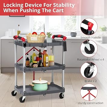 Portable Folding Tool Trolley, 3-Tier Service Cart with Wheels, Plastic Utility Trolley, Collapsible Rolling Cart, 168 Lbs Capacity, for Home Office School Garage Warehouse