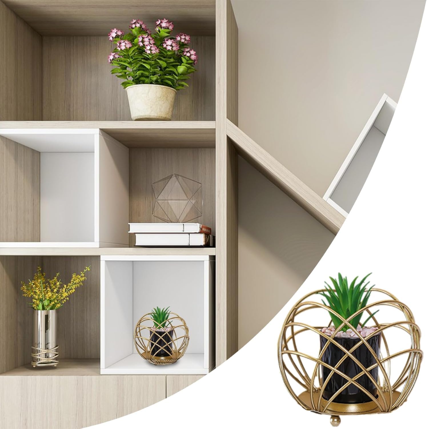 NOVABAZAAR Modern Geometric Plant Stand, Gold Metal Wire Sphere Design, Decorative Indoor Planter Holder 2