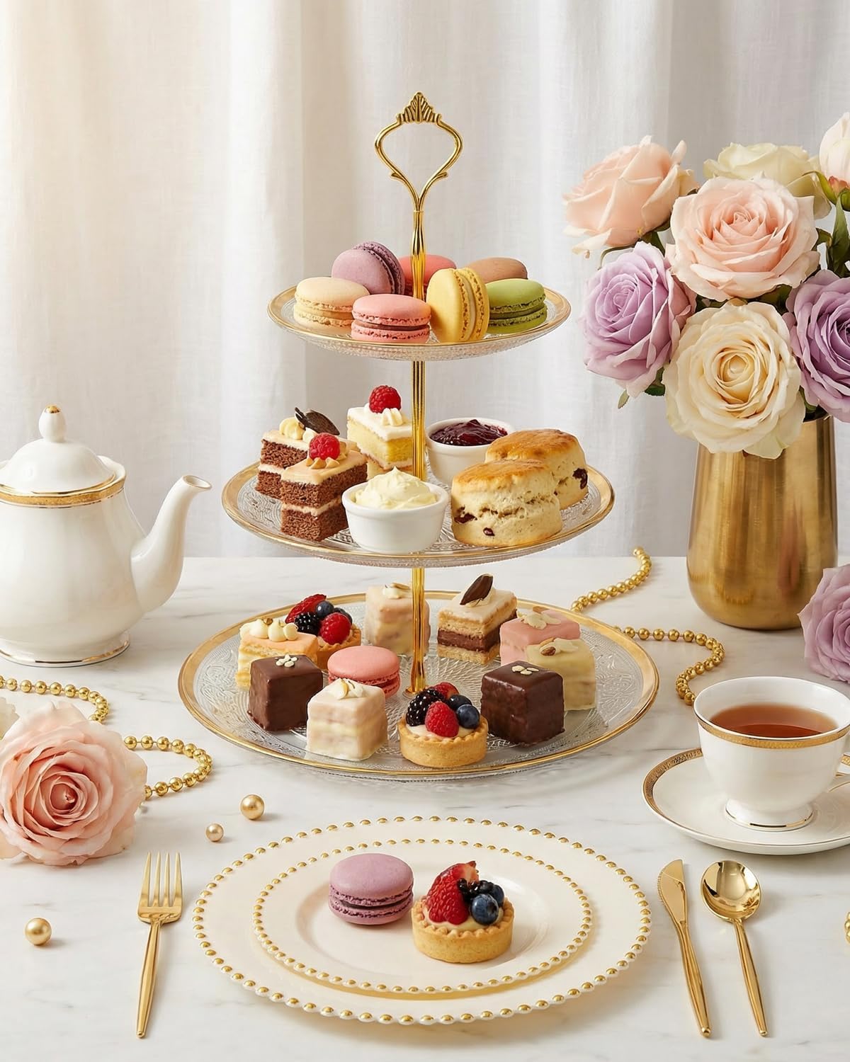 supernal 180pcs Ivory and Gold Dinnerware Set,Elegant Heavy Duty Ivory Plastic Plates with Gold Beads,Disposable Plates with Plastic Silverware and 10oz Cups for Wedding/Party/Valentine's Day