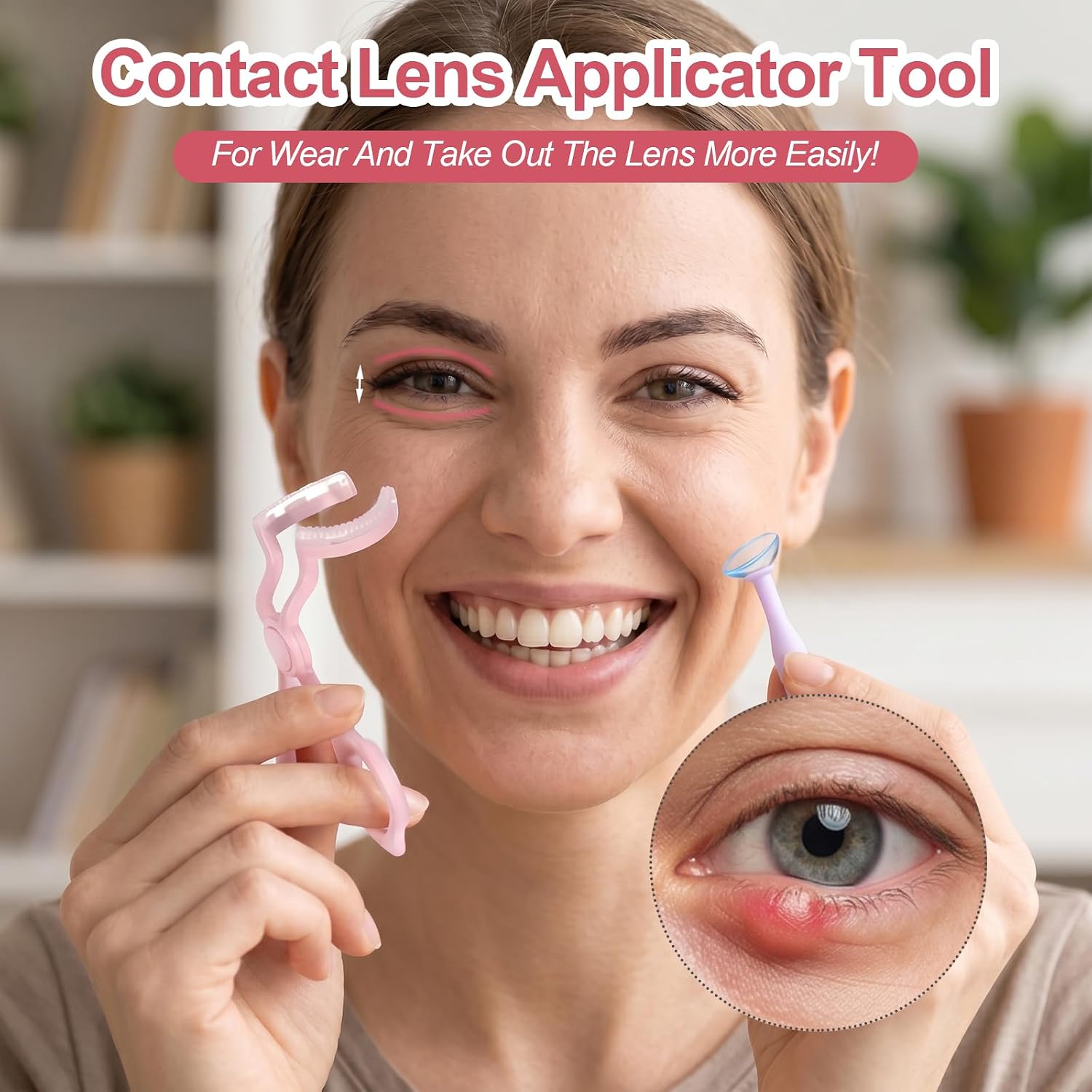 Contact Lens Applicator Tool,Plastic Eye Opener for Contacts Set,Portable Contact Lens Applicator,Contacts Len Insertion & Removal Kit for Travel,Pink