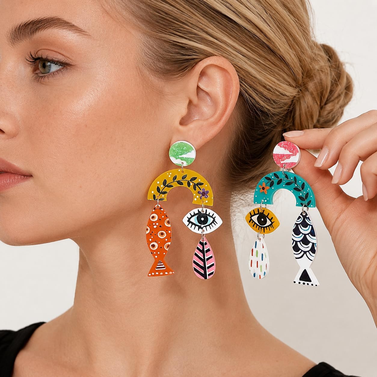 Colorful Acrylic Dangle Earrings, Fish Eye Statement Drops for Women image 2