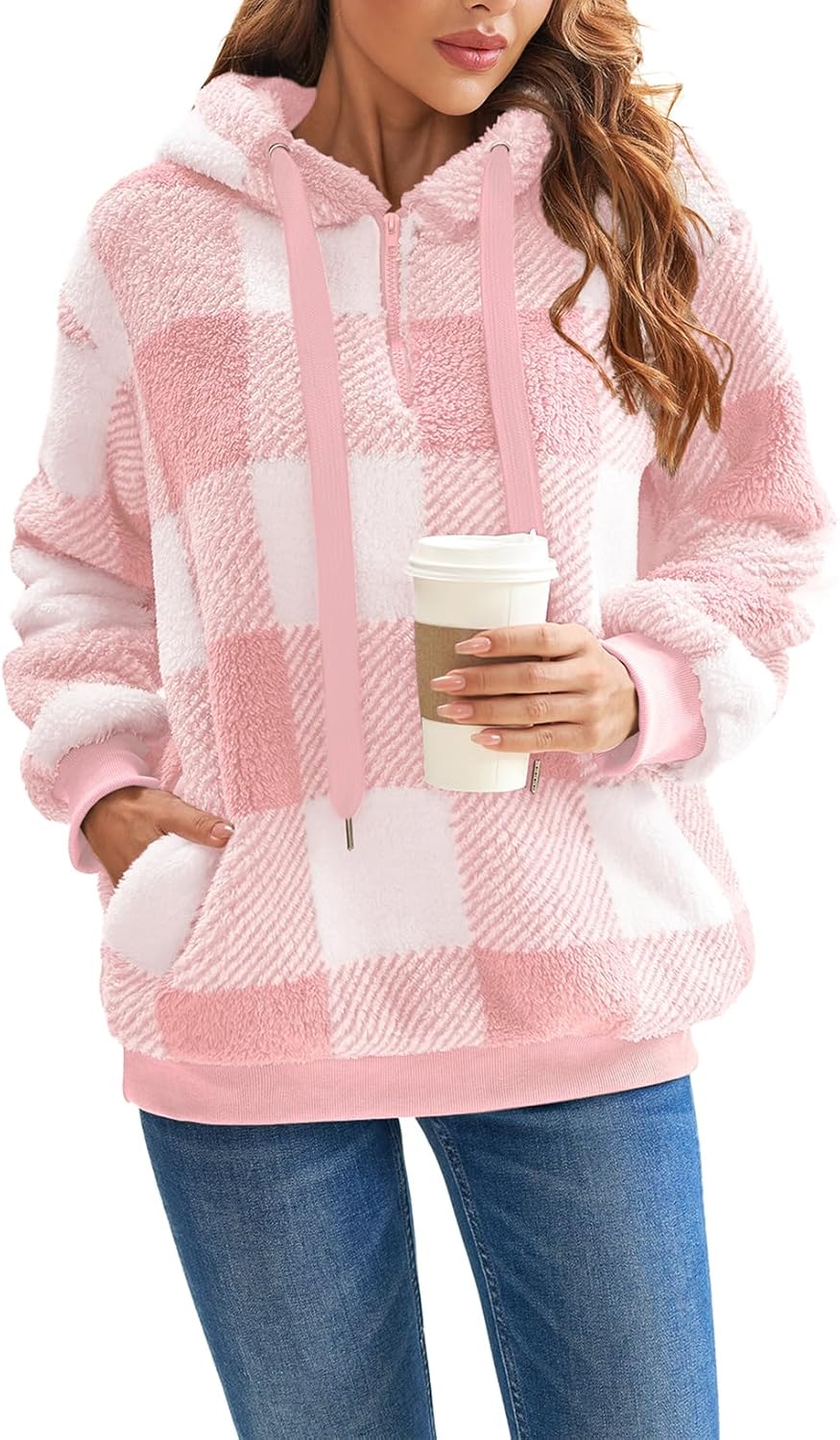 Nirovien Womens Sherpa Pullover Oversized Fuzzy Hoodie Double Fleece Sweatshirts Fluffy Plaid Outerwear Warm Coats - Image 3